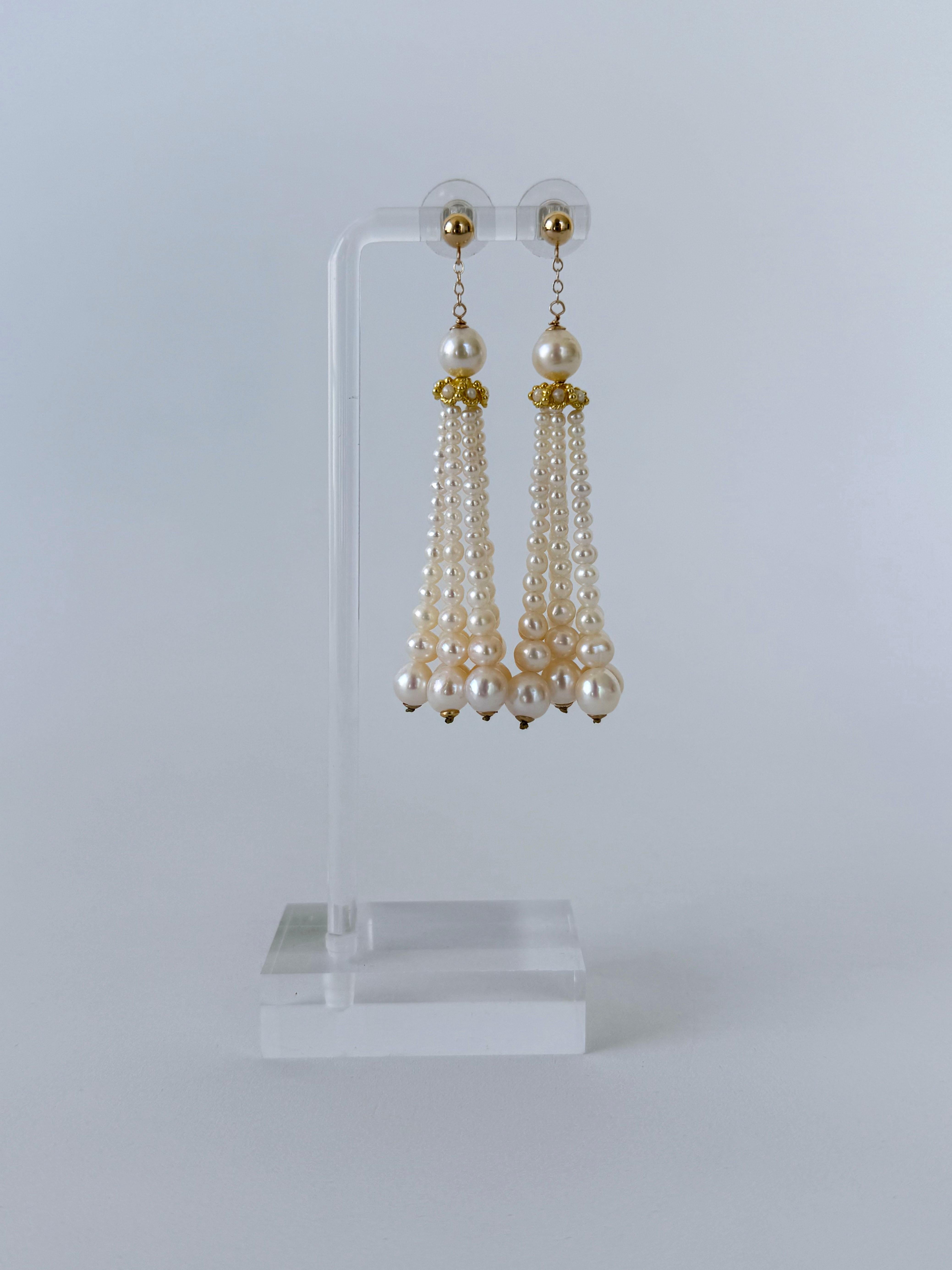 Bead Marina J. Graduated Pearl Dangle-Tassel Earring with Solid 14k Yellow Gold For Sale