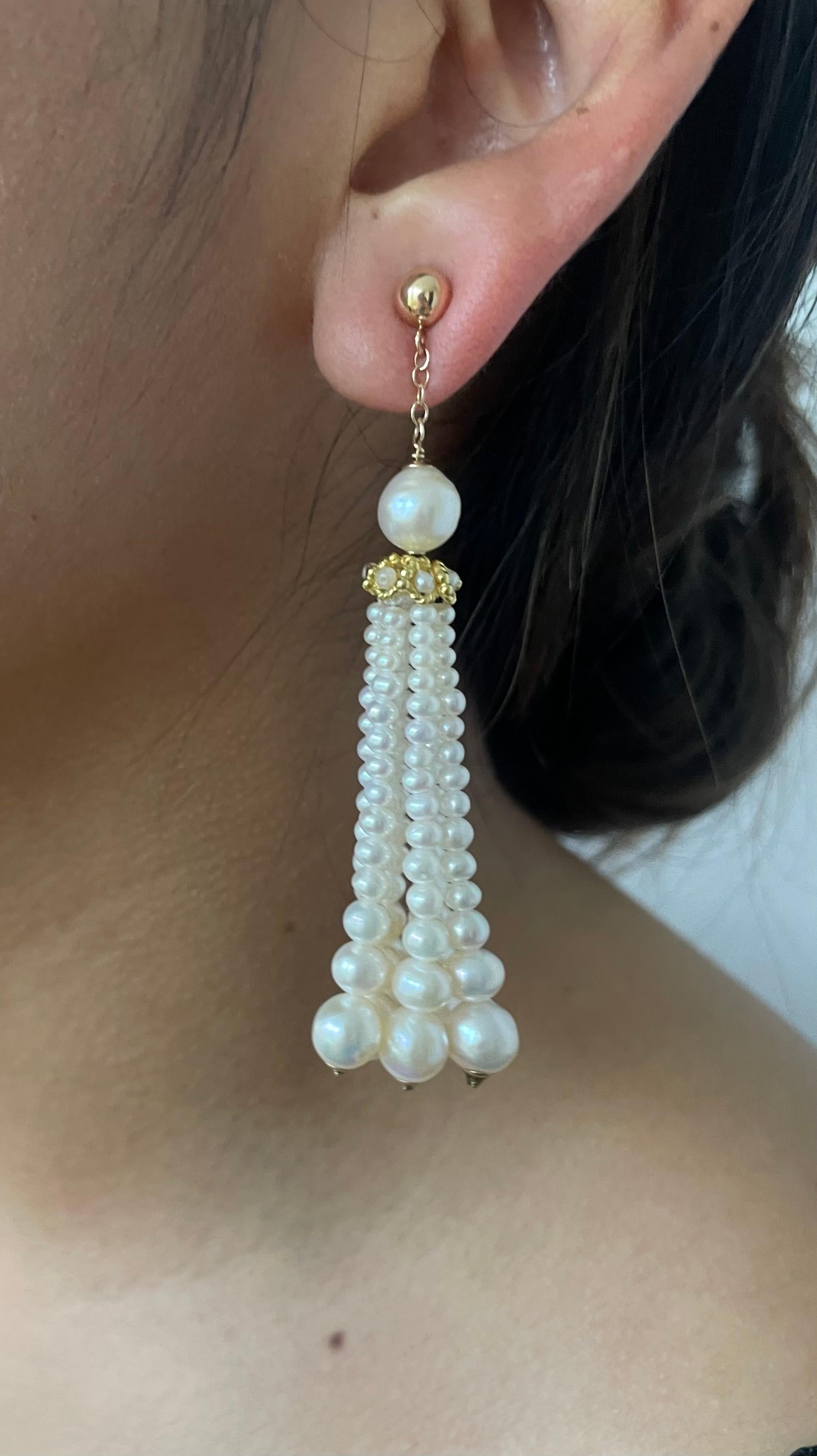 Artisan Marina J. Graduated Pearl Dangle-Tassel Earring with Solid 14k Yellow Gold For Sale