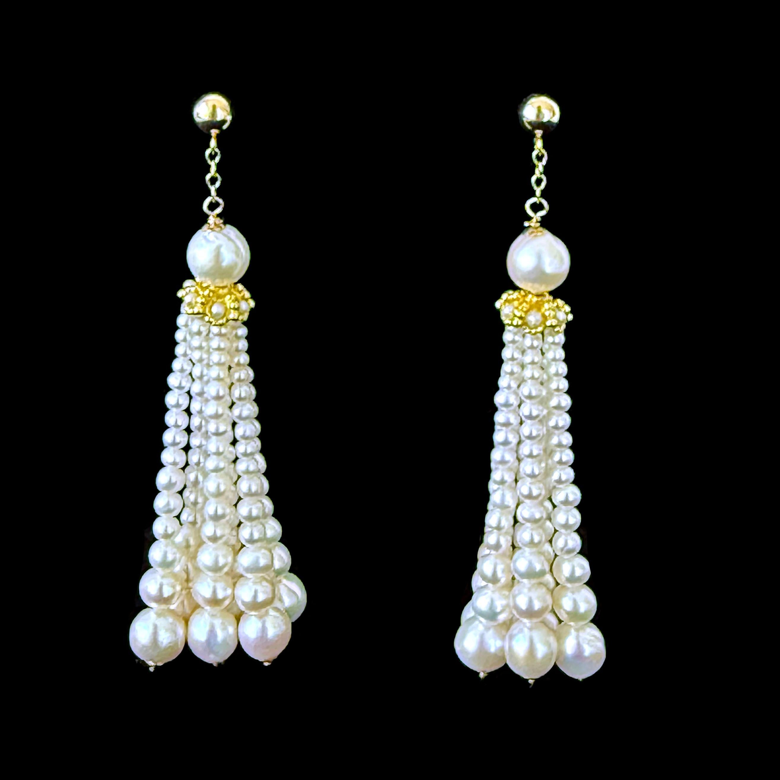 Marina J. Graduated Pearl Dangle-Tassel Earring with Solid 14k Yellow Gold In New Condition For Sale In Los Angeles, CA