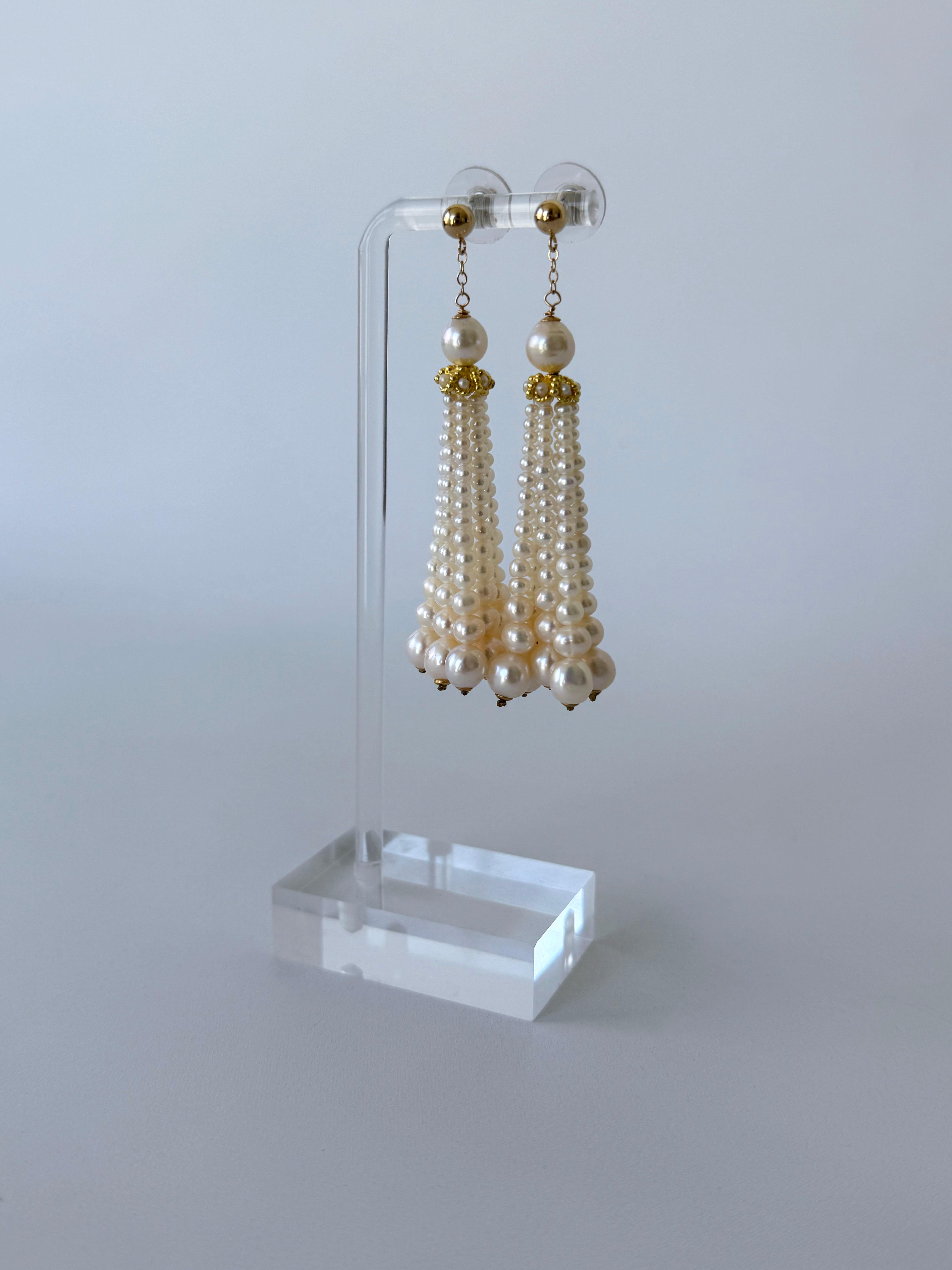 Marina J. Graduated Pearl Dangle-Tassel Earring with Solid 14k Yellow Gold For Sale 1