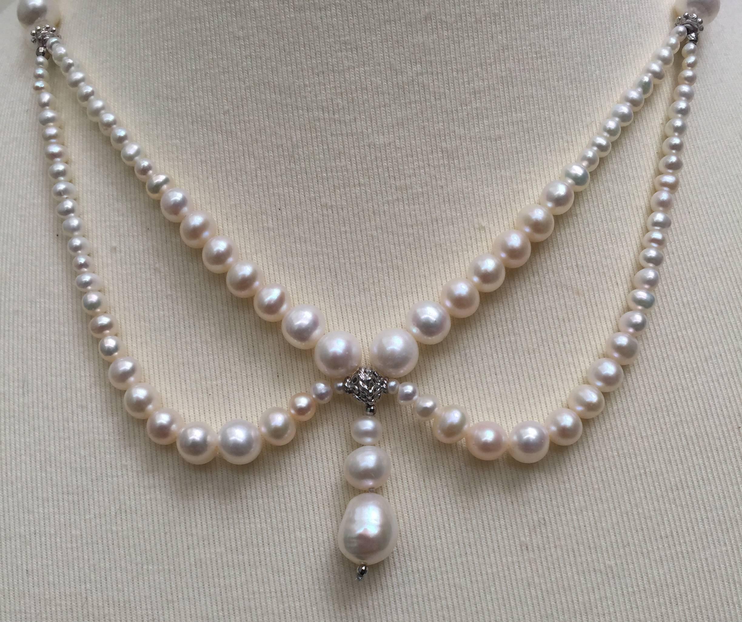 Artist Graduated Pearl Draped Necklace 14 Karat White Golds Beads and Clasp by Marina J