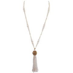 Graduated Pearl Lariat Tassel Necklace with Filigree Centrepiece by Marina J.