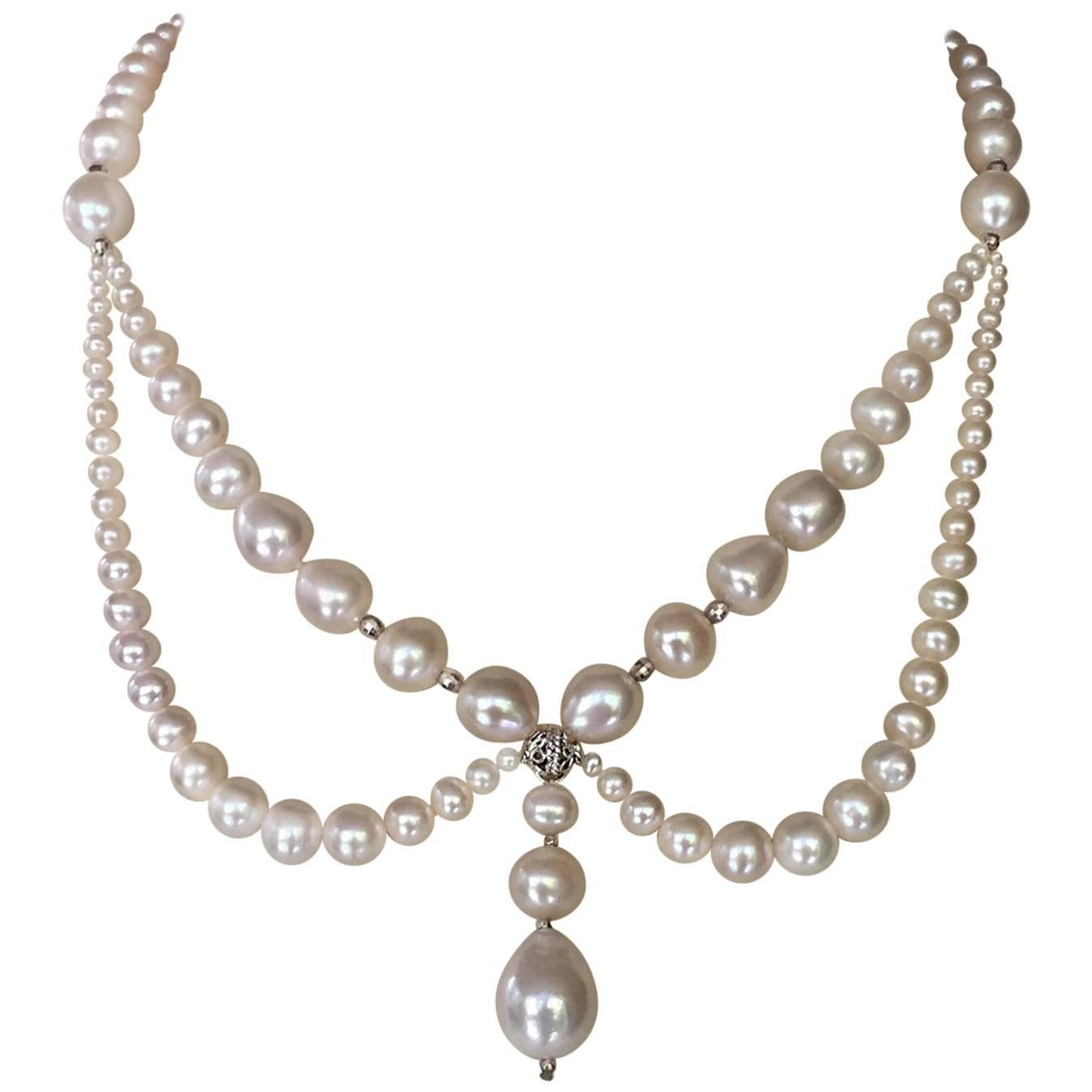 Graduated Pearl Necklace Silver Rhodium Plated Beads and Clasp by Marina J