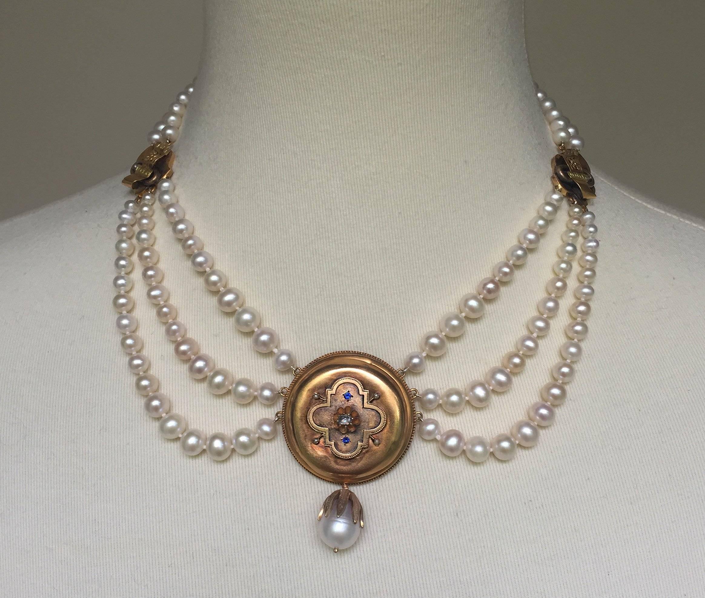 Marina J. Graduated Pearl Necklace with Unique 14K Gold Vintage Centerpiece 2