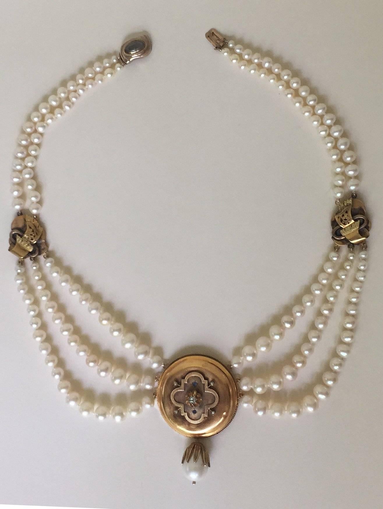 Marina J. Graduated Pearl Necklace with Unique 14K Gold Vintage Centerpiece 3