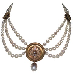 Marina J. Graduated Pearl Necklace with Unique 14K Gold Vintage Centerpiece