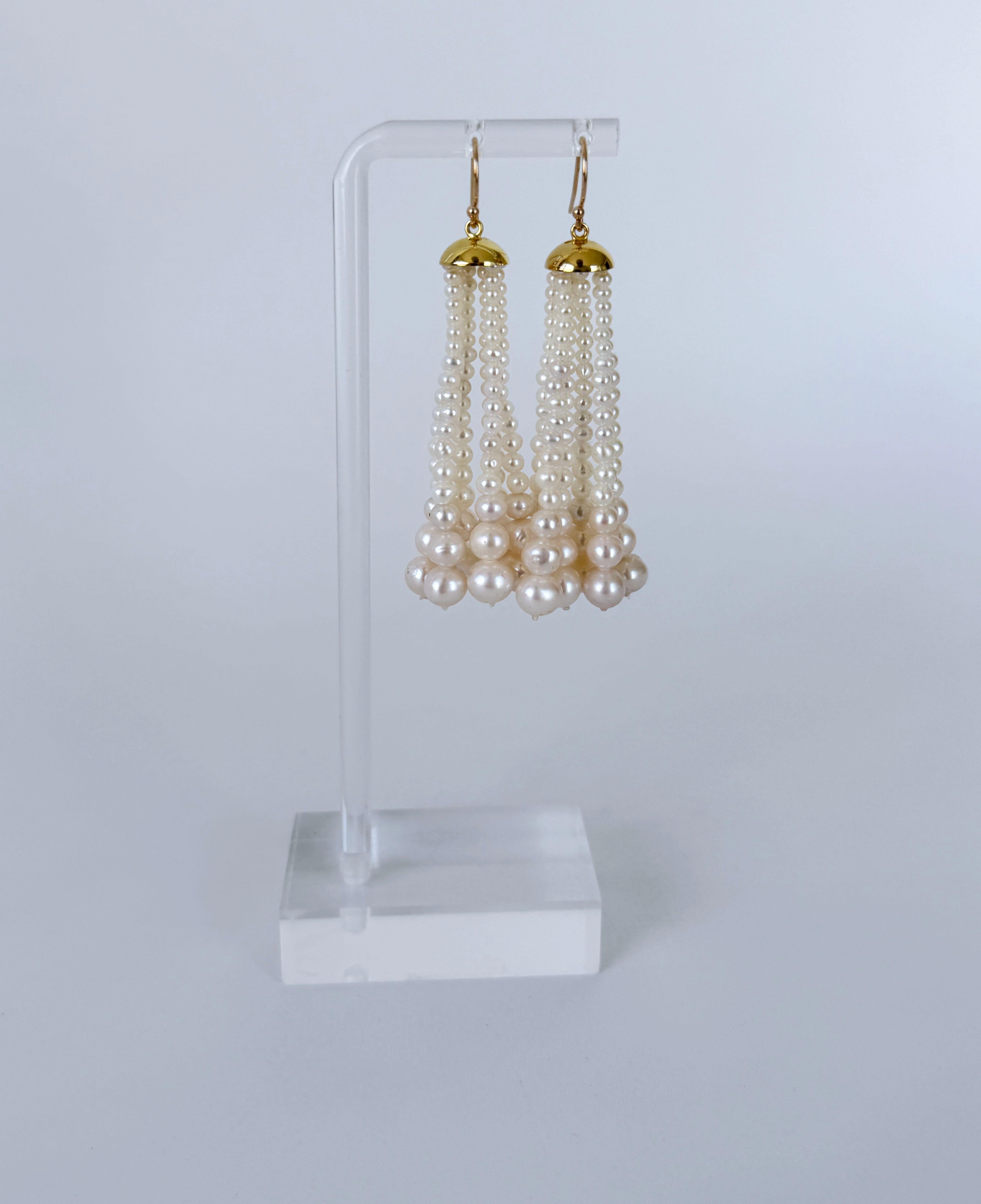 Bead Marina J. Graduated Pearl Tassel Earring With 18k Gold Plated Cup & Gold Hooks For Sale