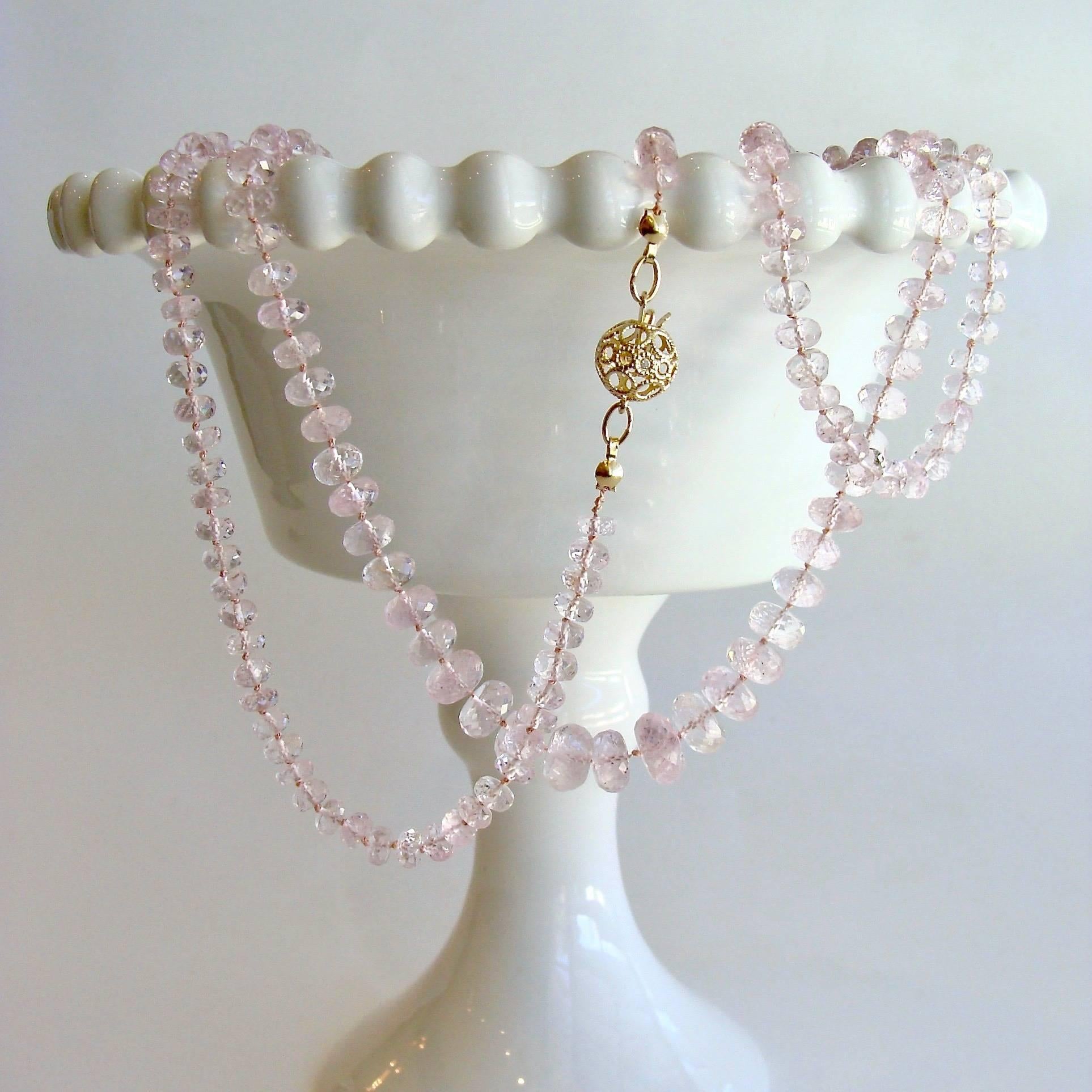 Peony Necklace.

Hours spent hand knotting this gorgeous strand of graduated AAA pink morganite lead me to wistfully remember my garden of peony bushes from our previous Boston residence.  When it came time to assign a name to this creation -