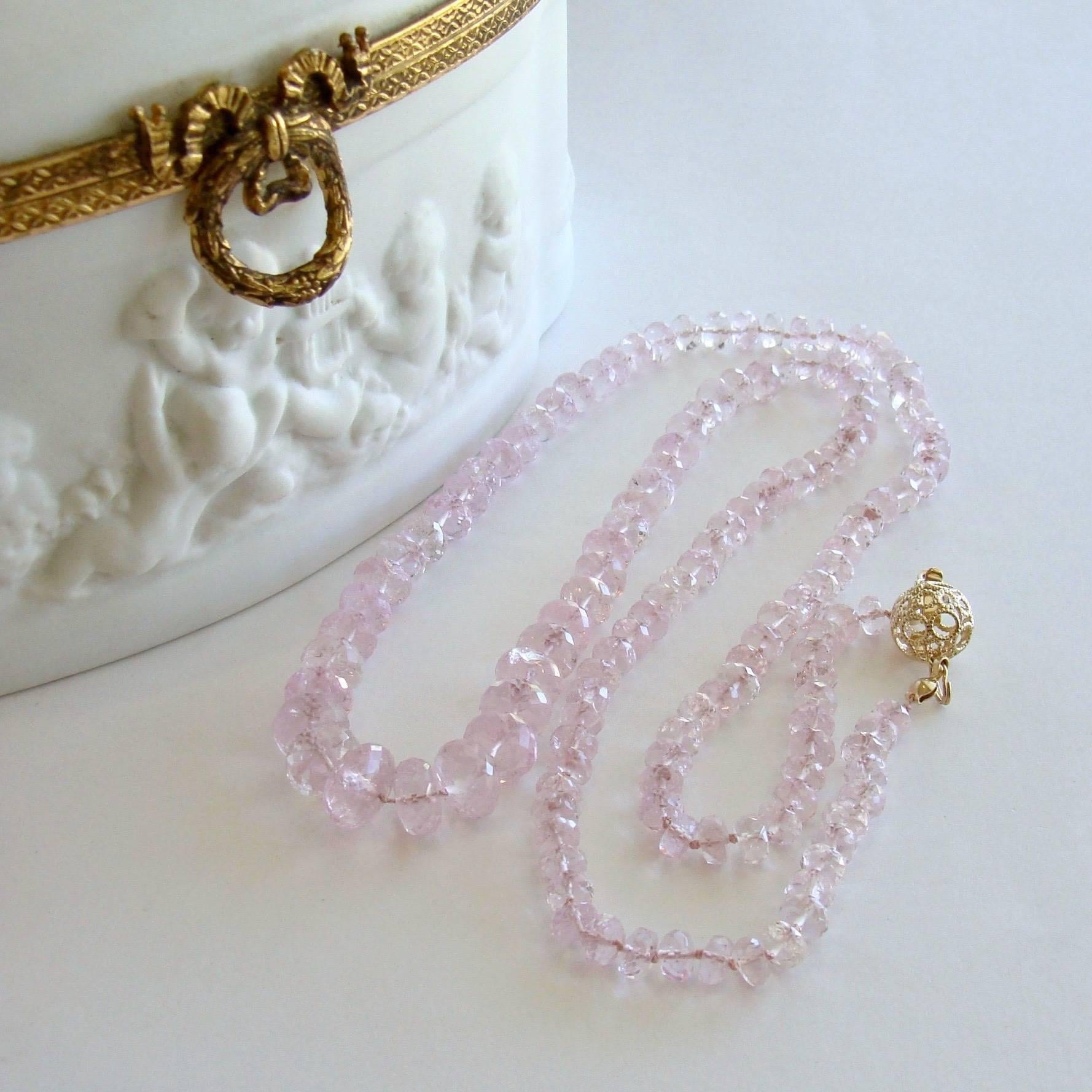 Artisan Graduated Pink Morganite Silk Knotted Opera Necklace With 14k Gold Diamond Clasp