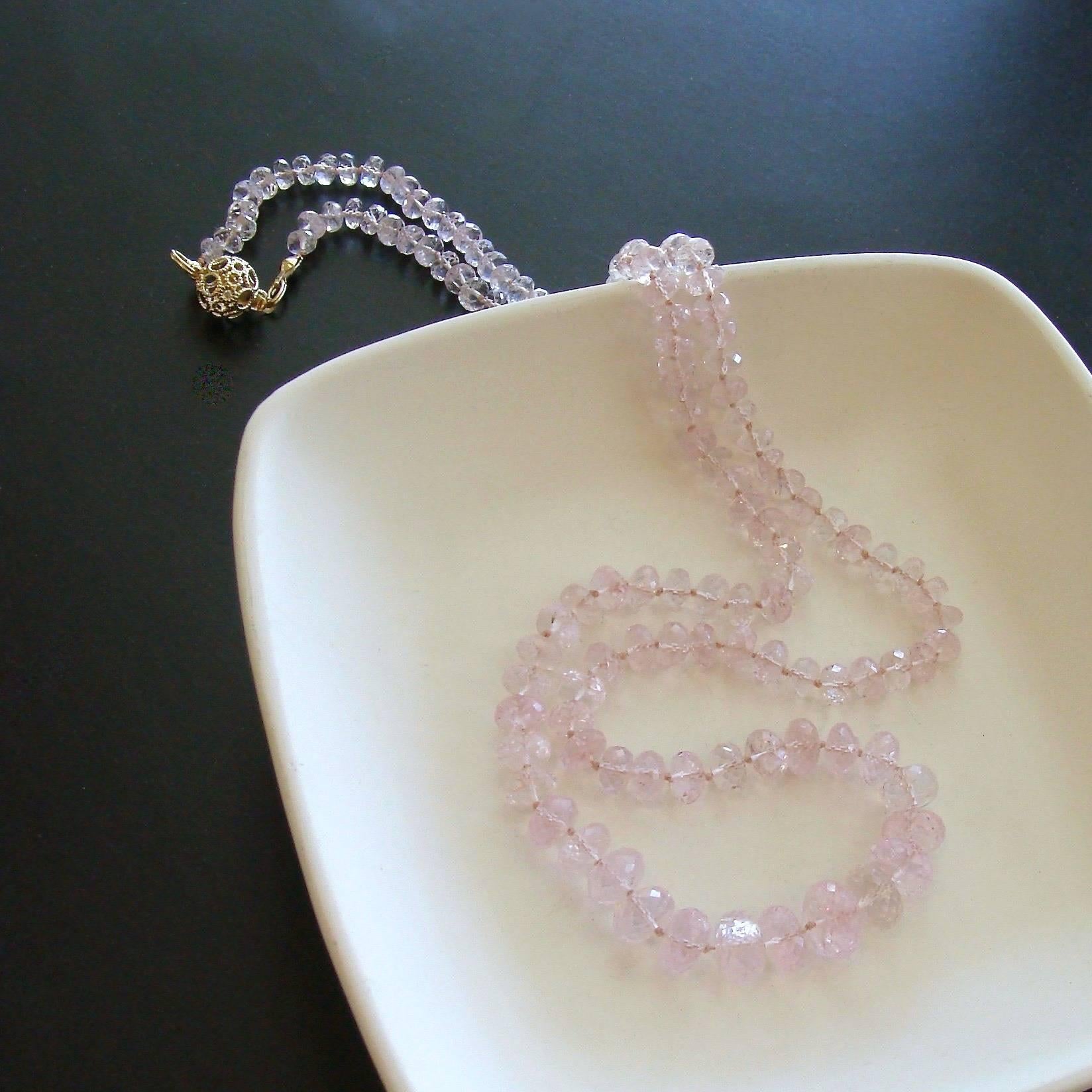 Graduated Pink Morganite Silk Knotted Opera Necklace With 14k Gold Diamond Clasp In New Condition In Colleyville, TX