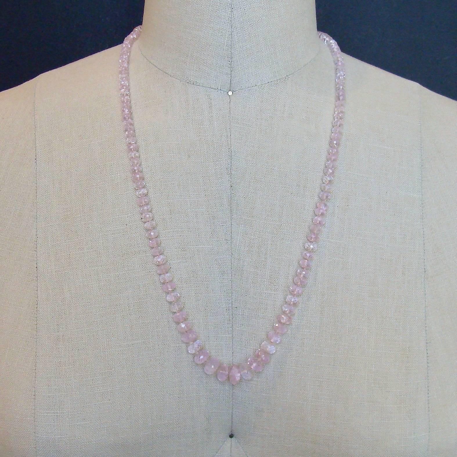 Women's Graduated Pink Morganite Silk Knotted Opera Necklace With 14k Gold Diamond Clasp