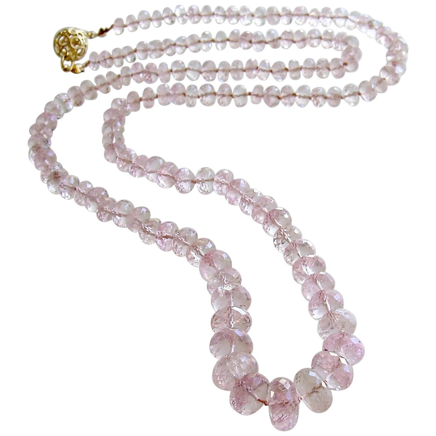 Graduated Pink Morganite Silk Knotted Opera Necklace With 14k Gold Diamond Clasp