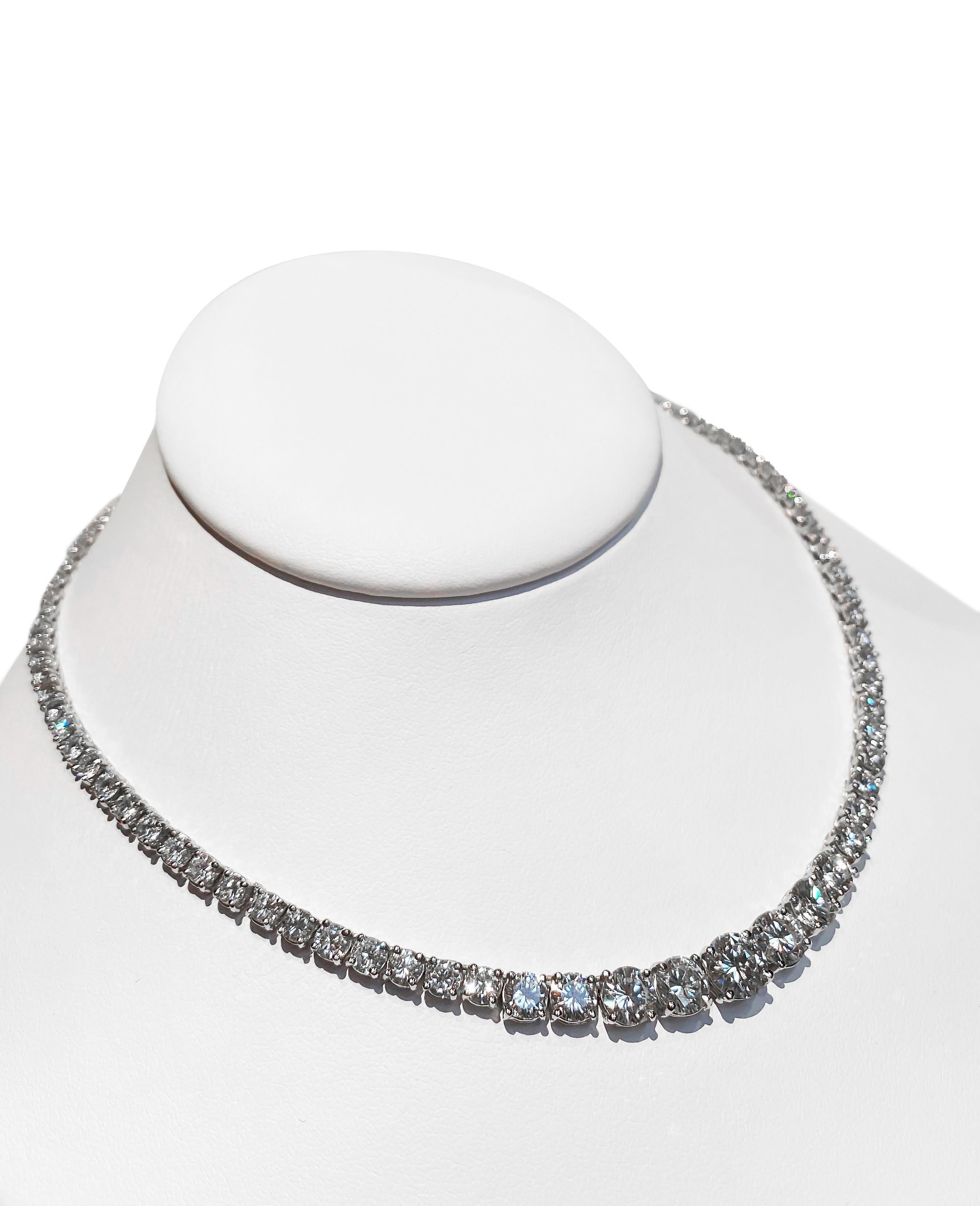 Crafted in Platinum Diamond Graduated Riviera Necklace with Round Brilliant Cut Diamonds G-J color, VS clarity. 
Elegance, Quality & Style all in one statement piece.

Viewings available in our wholesale office by appointment only.

We guarantee all
