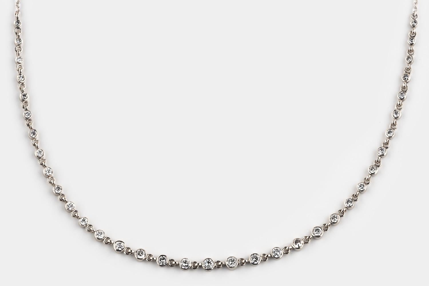 A bezel set sparkly strand of reclaimed diamonds set in solid 14-karat white gold that simply goes with everything.

Designed to fit near your clavicle, the effect is elegant and it’s the kind of piece you never have to take off.

The diamonds were