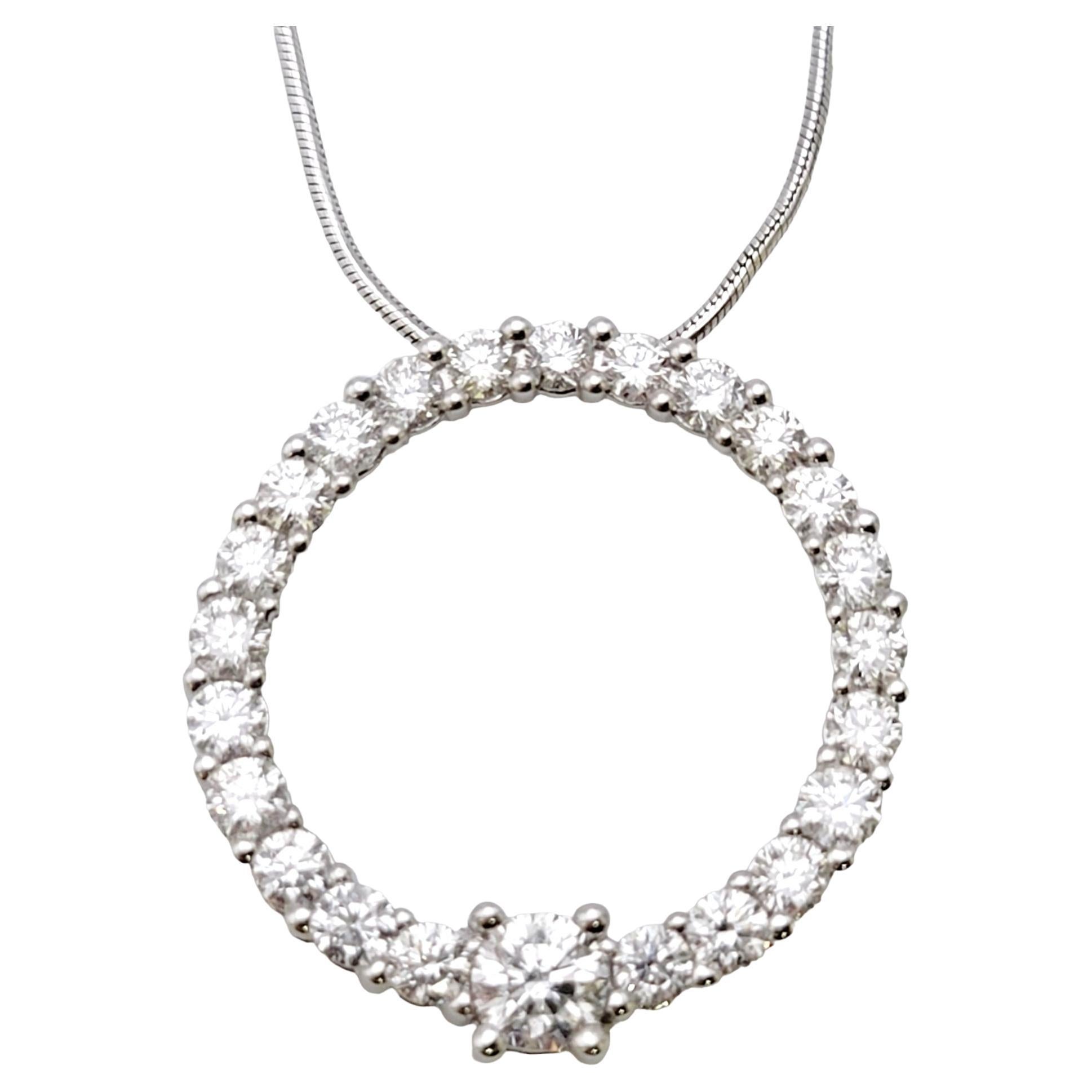 Contemporary Graduated Round Diamond Open Circle Pendant Necklace in 14 Karat White Gold For Sale
