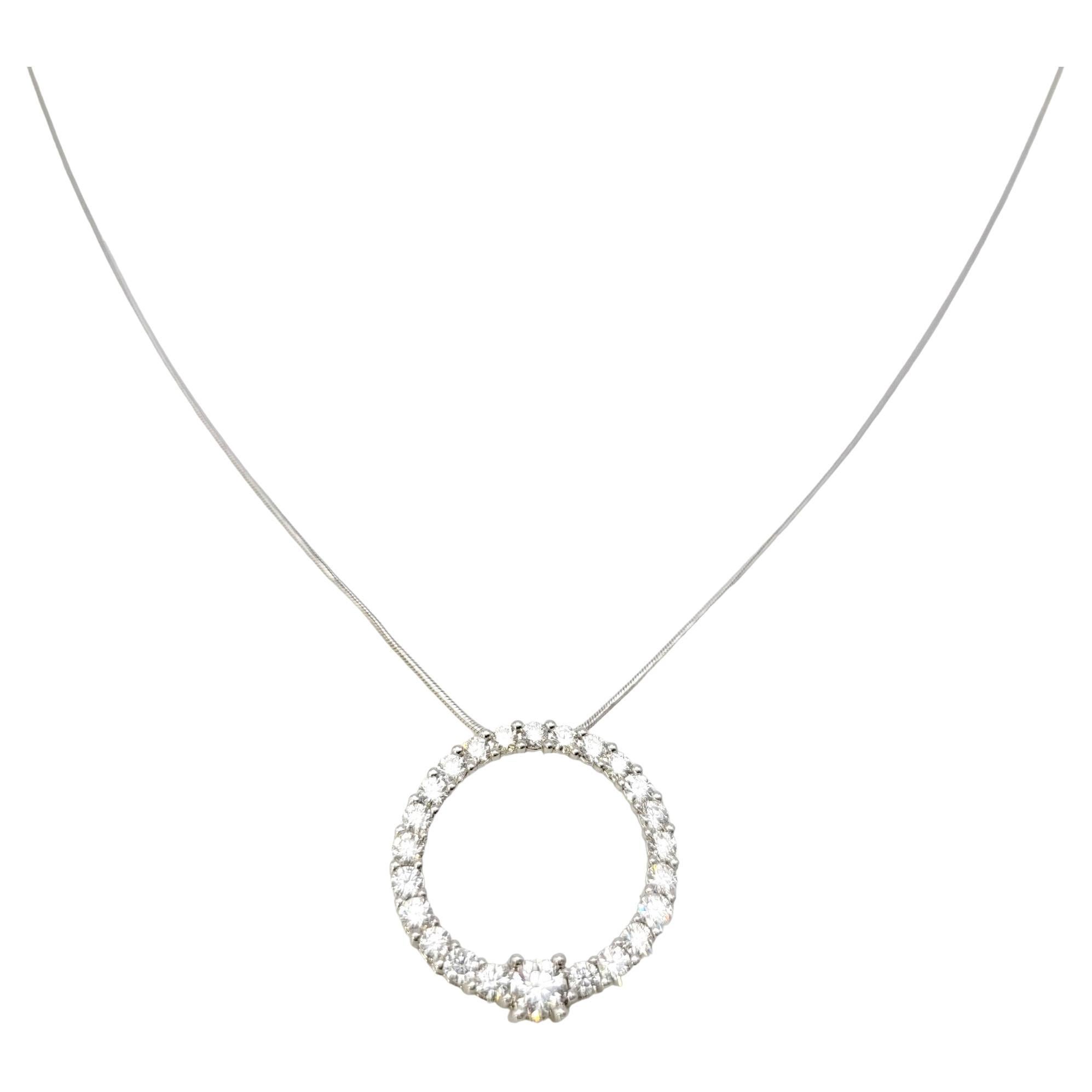 Graduated Round Diamond Open Circle Pendant Necklace in 14 Karat White Gold For Sale