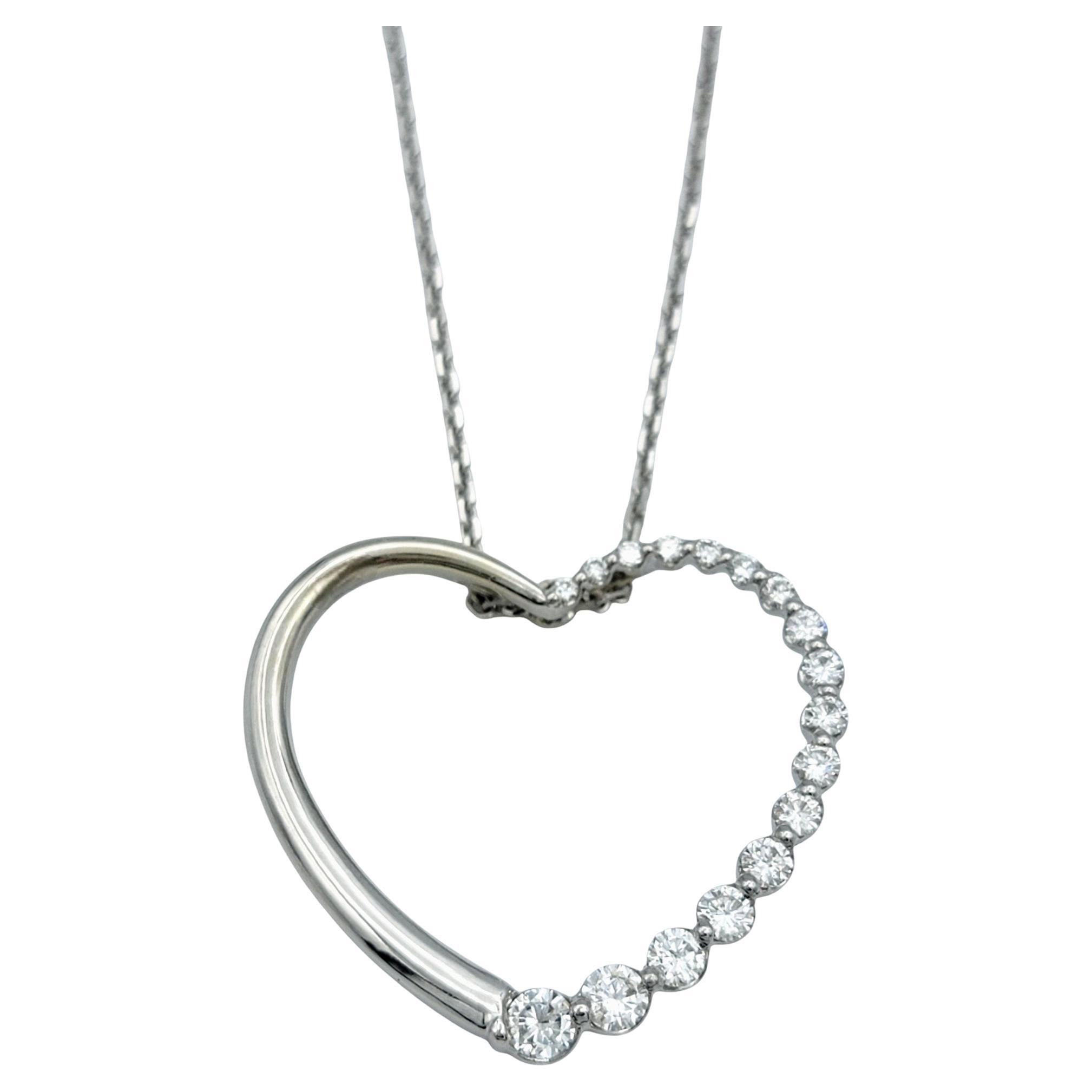 Graduated Round Diamond Open Heart Pendant Necklace in 14 Karat White Gold