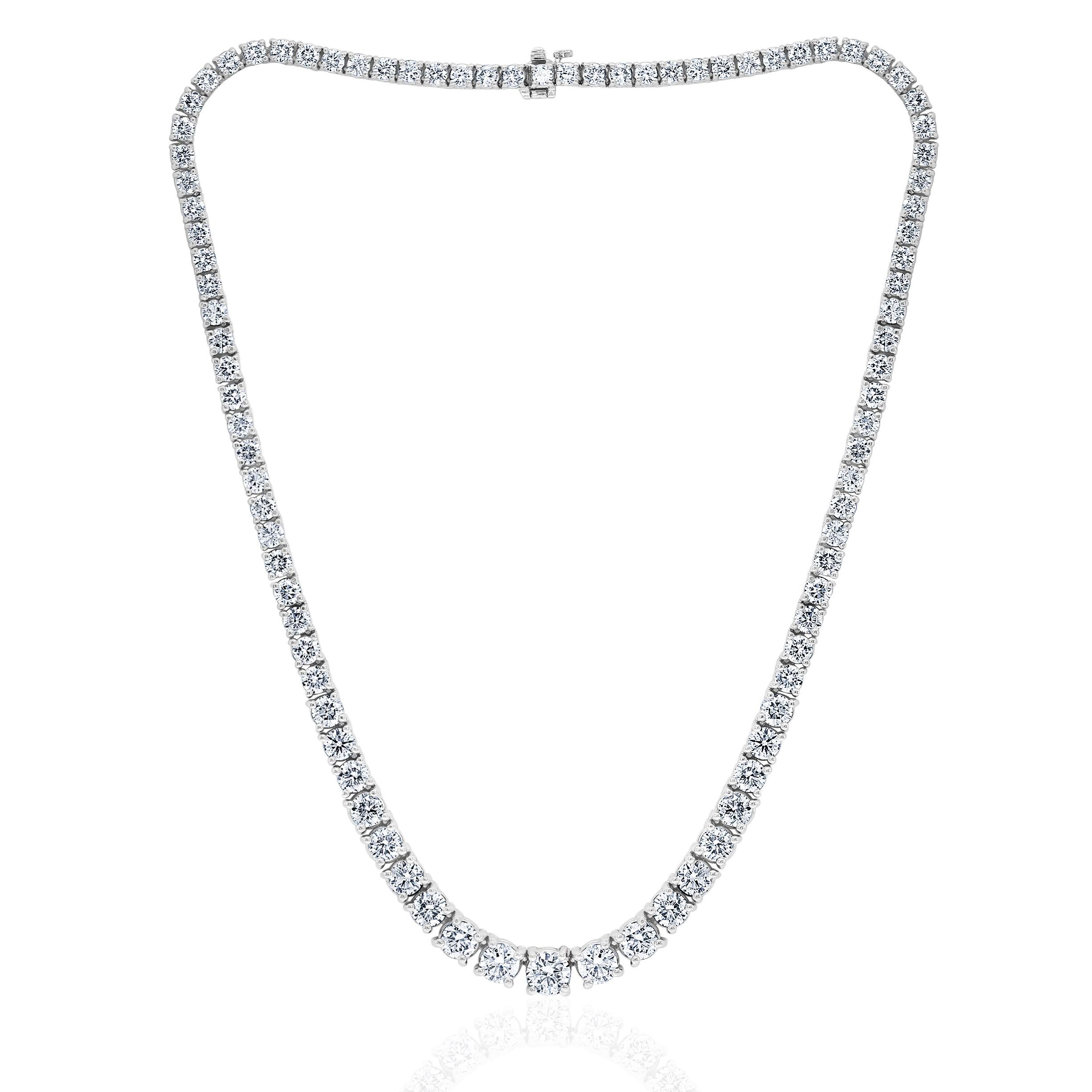 A series of graduated Round Diamonds in a Tennis Necklace setting.

Diamonds are of H-I color and SI clarity.
Set in White Gold.
22.50 Carat Total Weight

Measures 17 inches