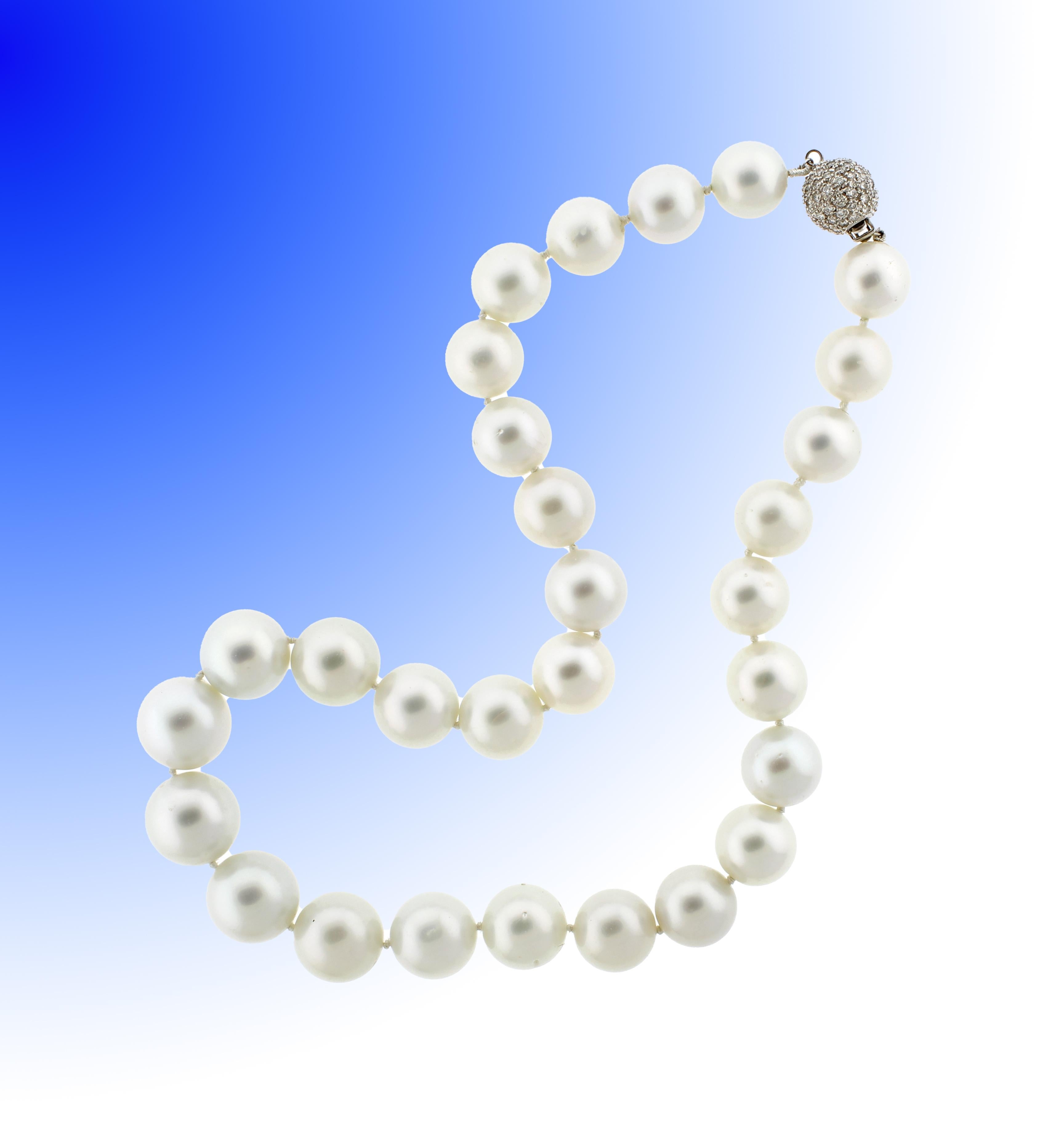 Round Cut Graduated South Sea Pearl Necklace with Pave Diamond Clasp For Sale