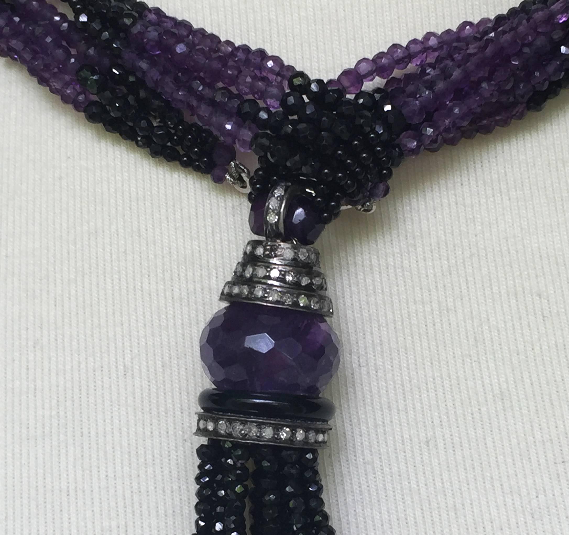 Graduated Spinel and Amethyst Lariat Necklace with Diamonds and 14k White Gold  2