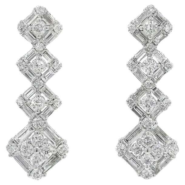 Graduated Square Shaped Diamond Drop Earrings in 18K White Gold For ...