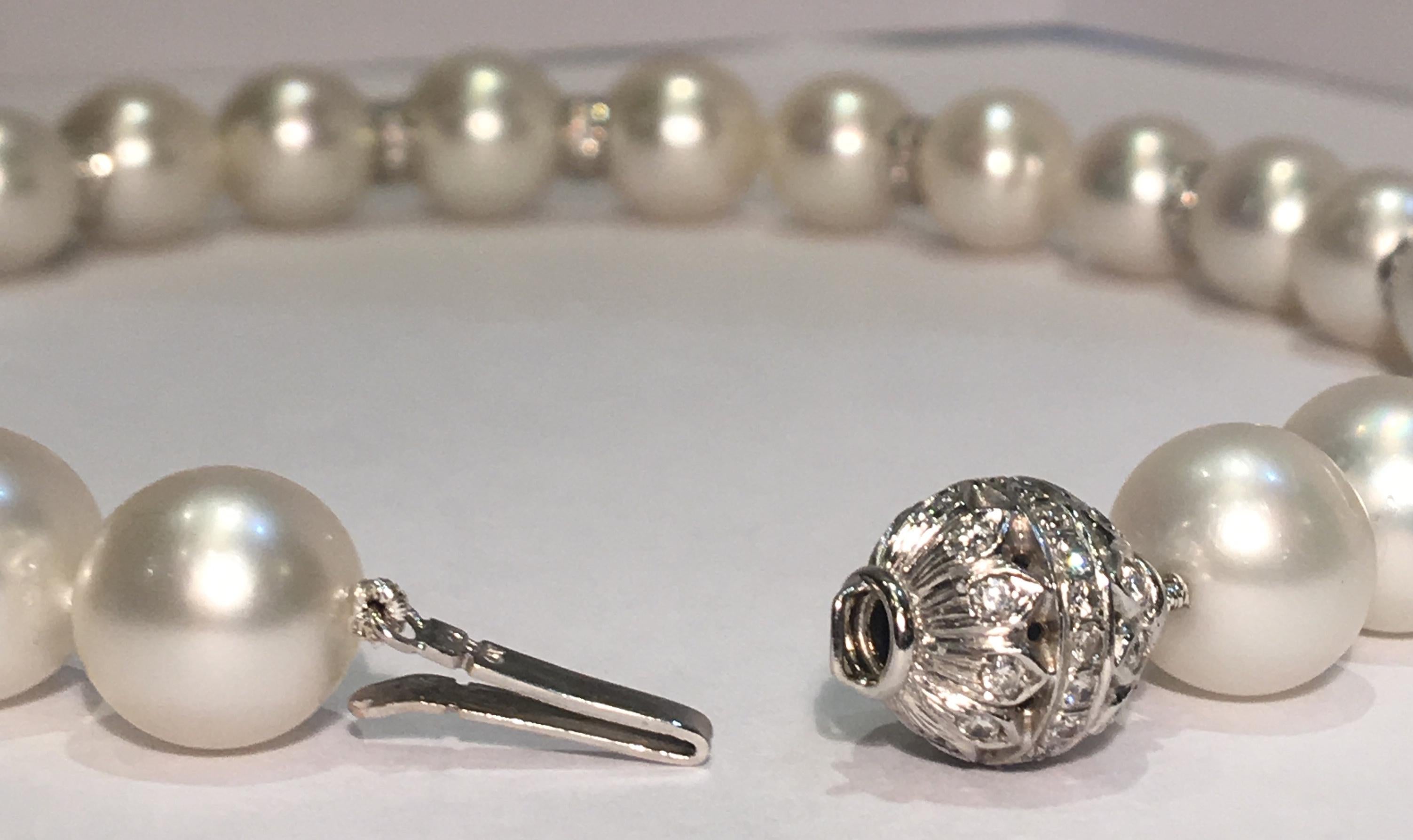 Round Cut Graduated Strand of Large White South Sea Pearls with Diamonds in White Gold