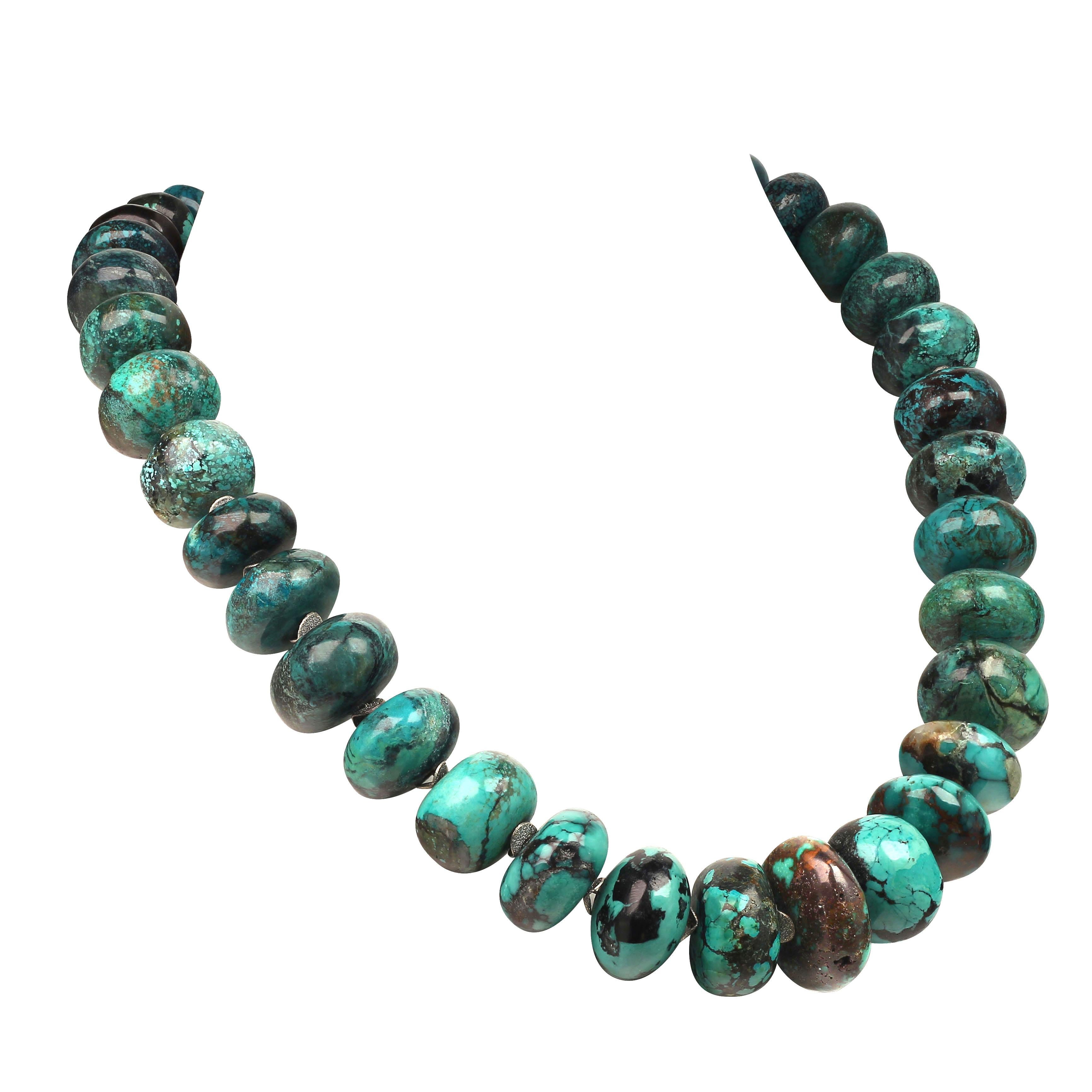 Bead AJD 21 Inch Graduated Turquoise Rondelles with Silver Tone Flutters Necklace