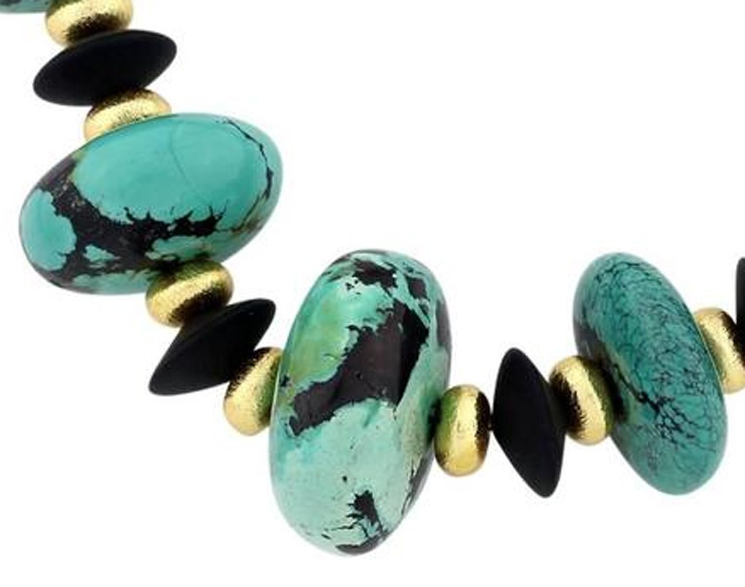 Mixed Cut AJD Statement Necklace of Graduated Extra-Large Blue Turquoise  & Black Onyx  For Sale
