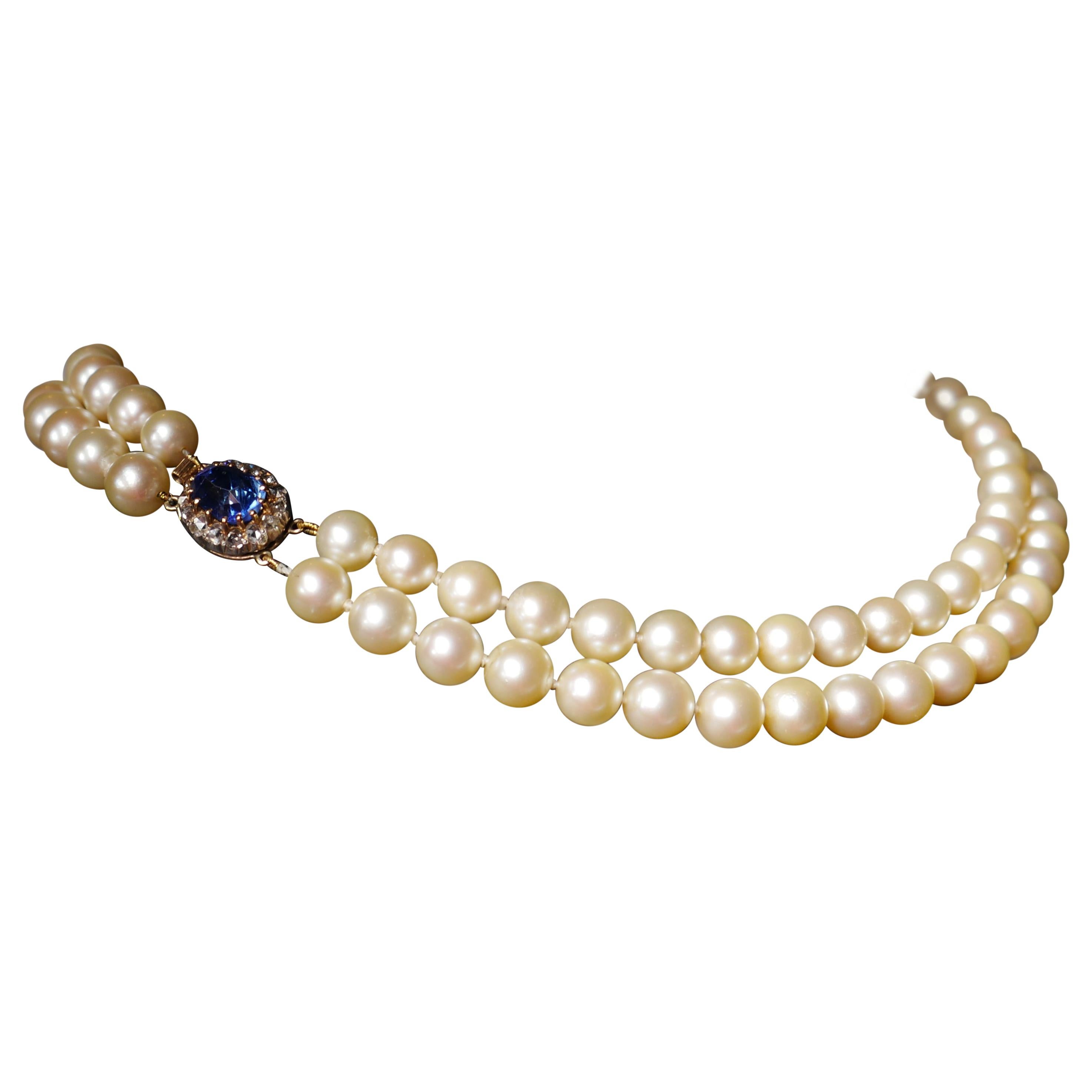 Graduated Two-Row Cultured Pearl Necklace with Unheated Sapphire & Diamond Clasp For Sale