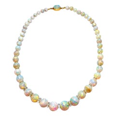 Retro Graduated White Opal Bead and Rock Crystal Quartz Yellow Gold Necklace