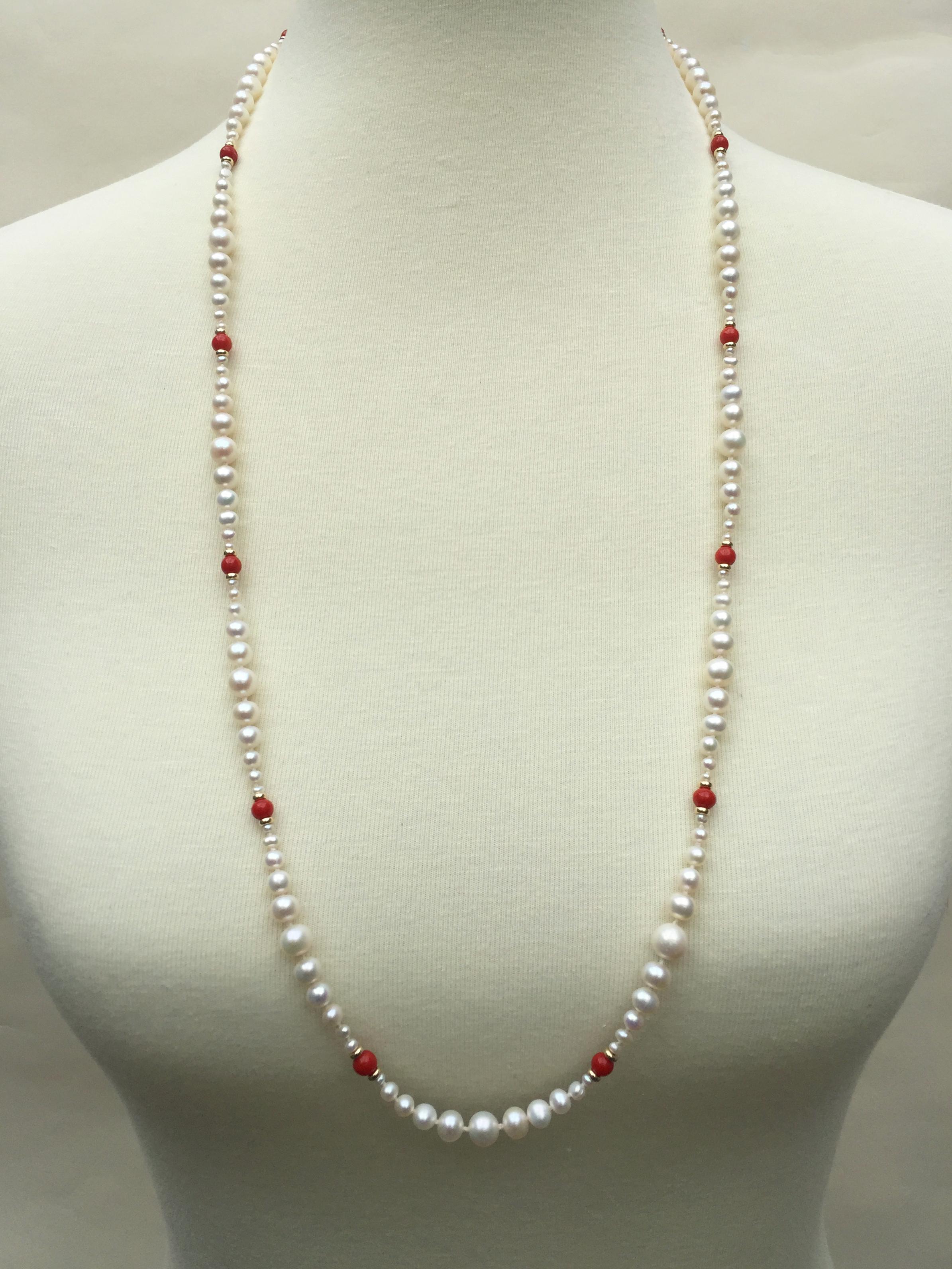 Marina J Graduated White Pearl & Red Coral Long Necklace with 14 K Gold Clasp 1