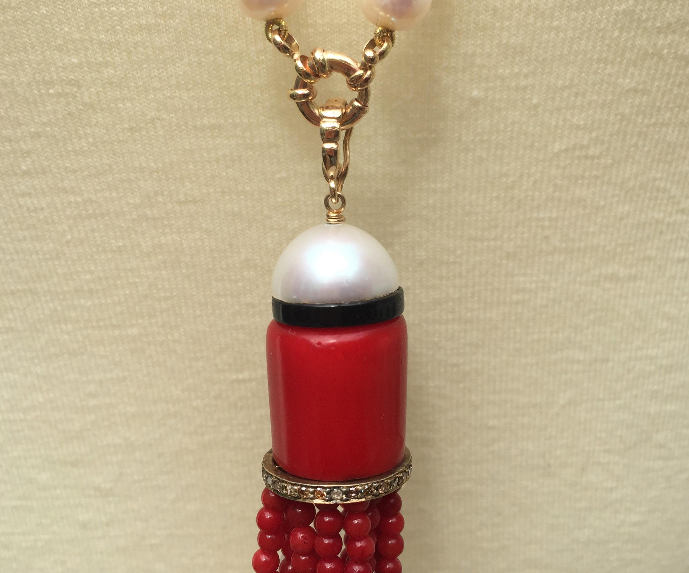 Artist Marina J Graduated White Pearl & Red Coral Long Necklace with 14 K Gold Clasp