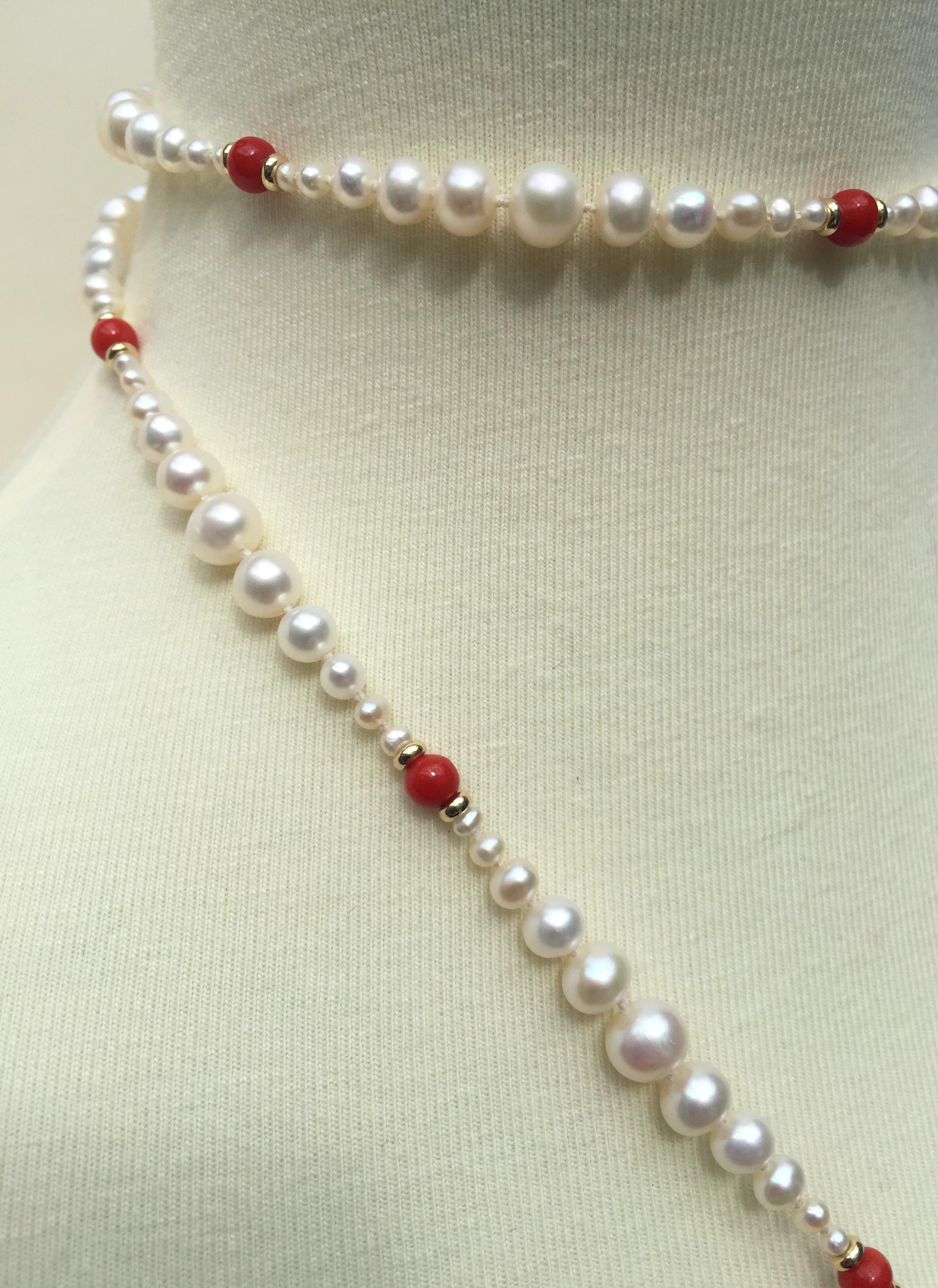 Bead Marina J Graduated White Pearl & Red Coral Long Necklace with 14 K Gold Clasp