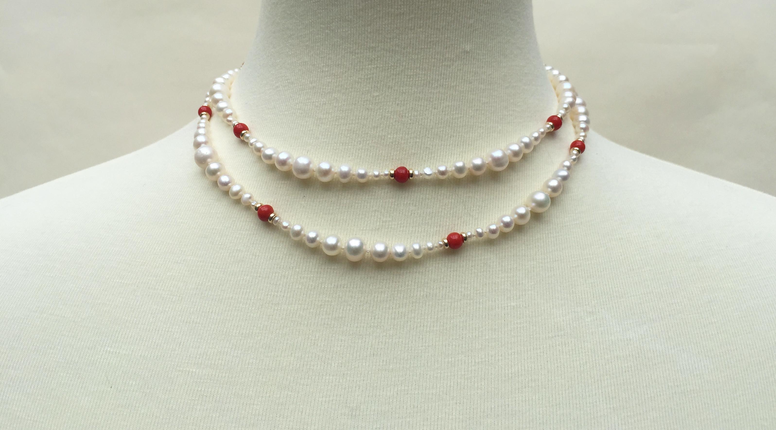 Marina J Graduated White Pearl & Red Coral Long Necklace with 14 K Gold Clasp In New Condition In Los Angeles, CA