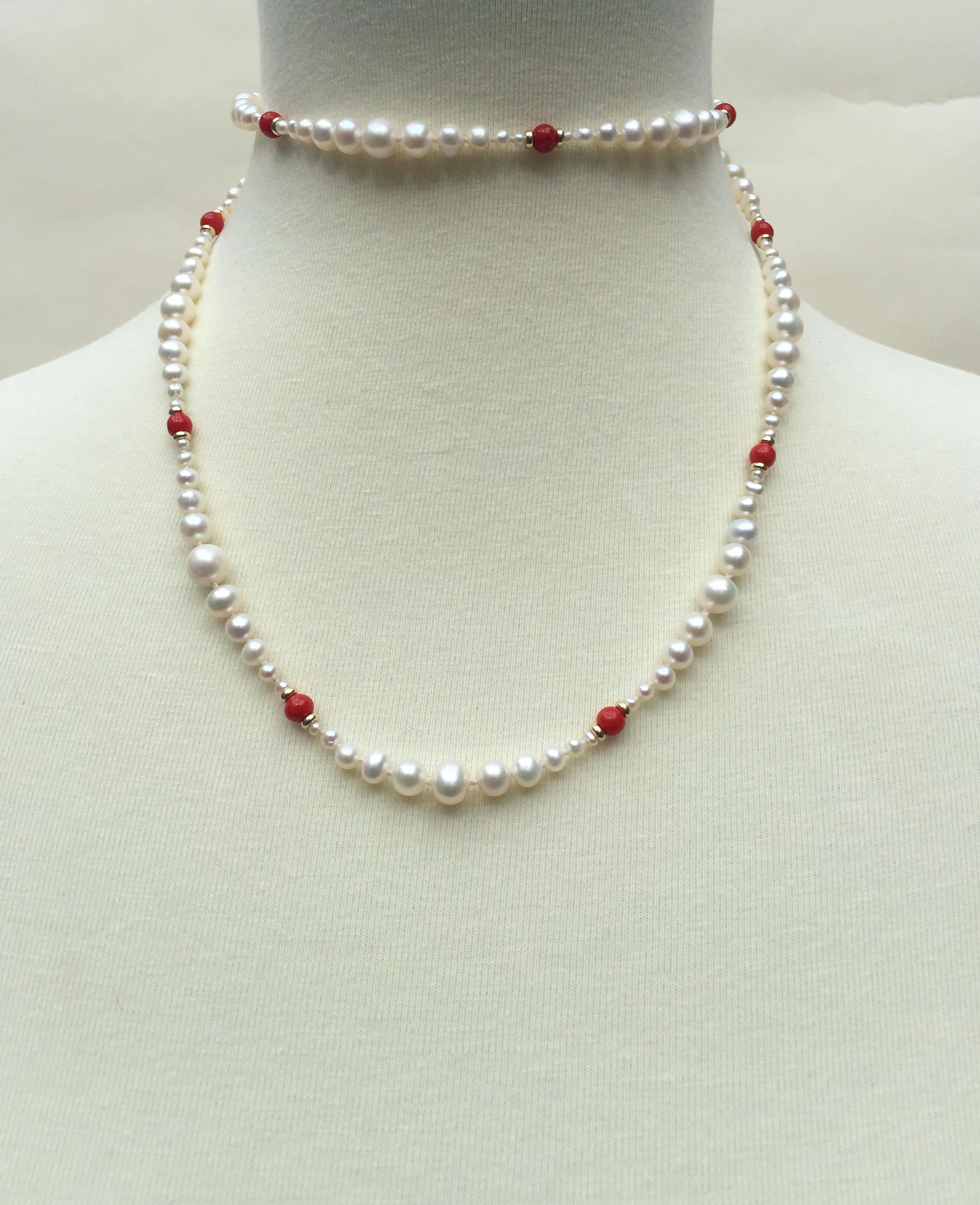 Women's Marina J Graduated White Pearl & Red Coral Long Necklace with 14 K Gold Clasp