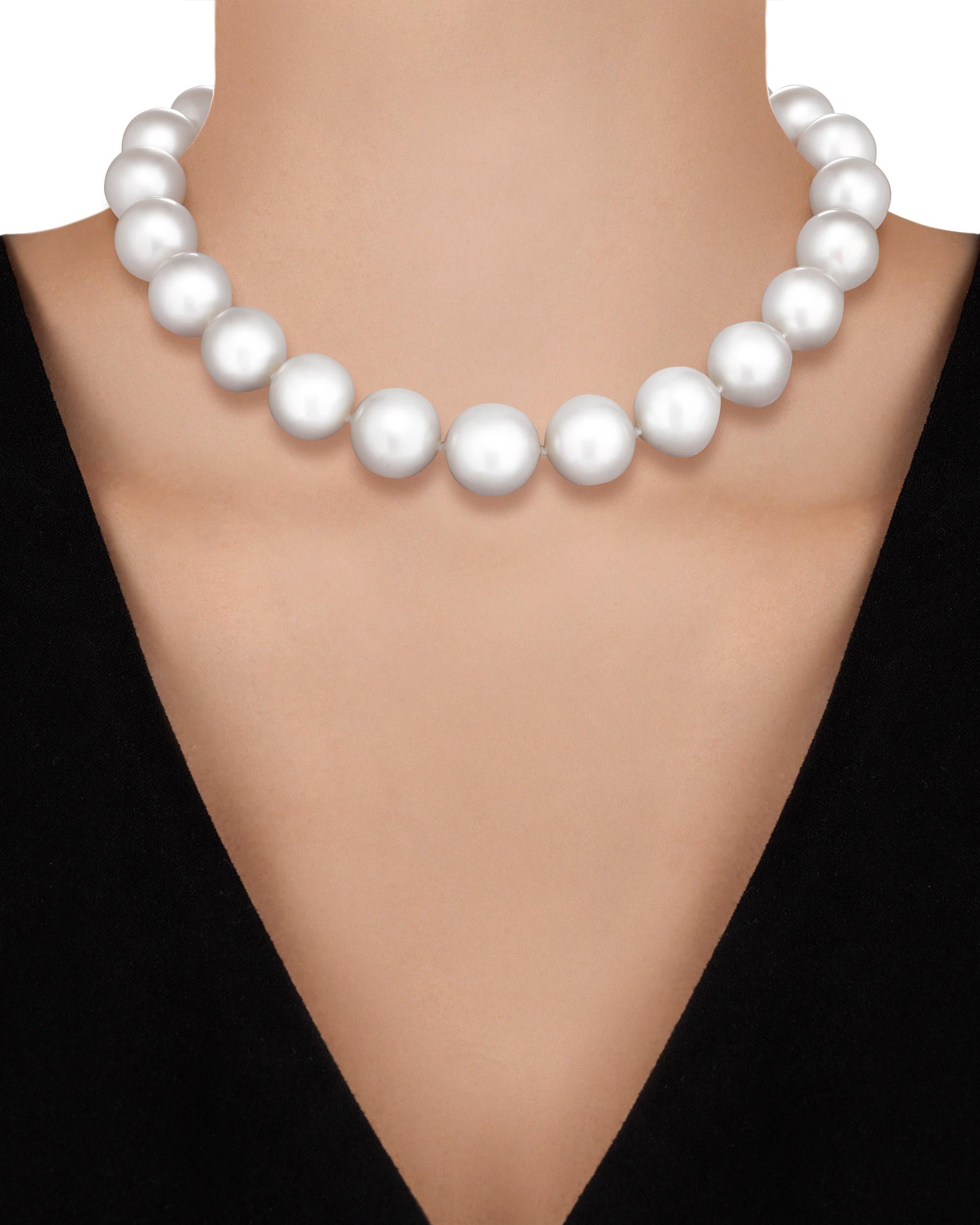 South Sea pearls are among the largest and most coveted pearls in the world, and the 23 examples in this classic strand necklace can be counted among the finest of their kind. While most South Sea pearls measure between 10 and 15mm, these monumental