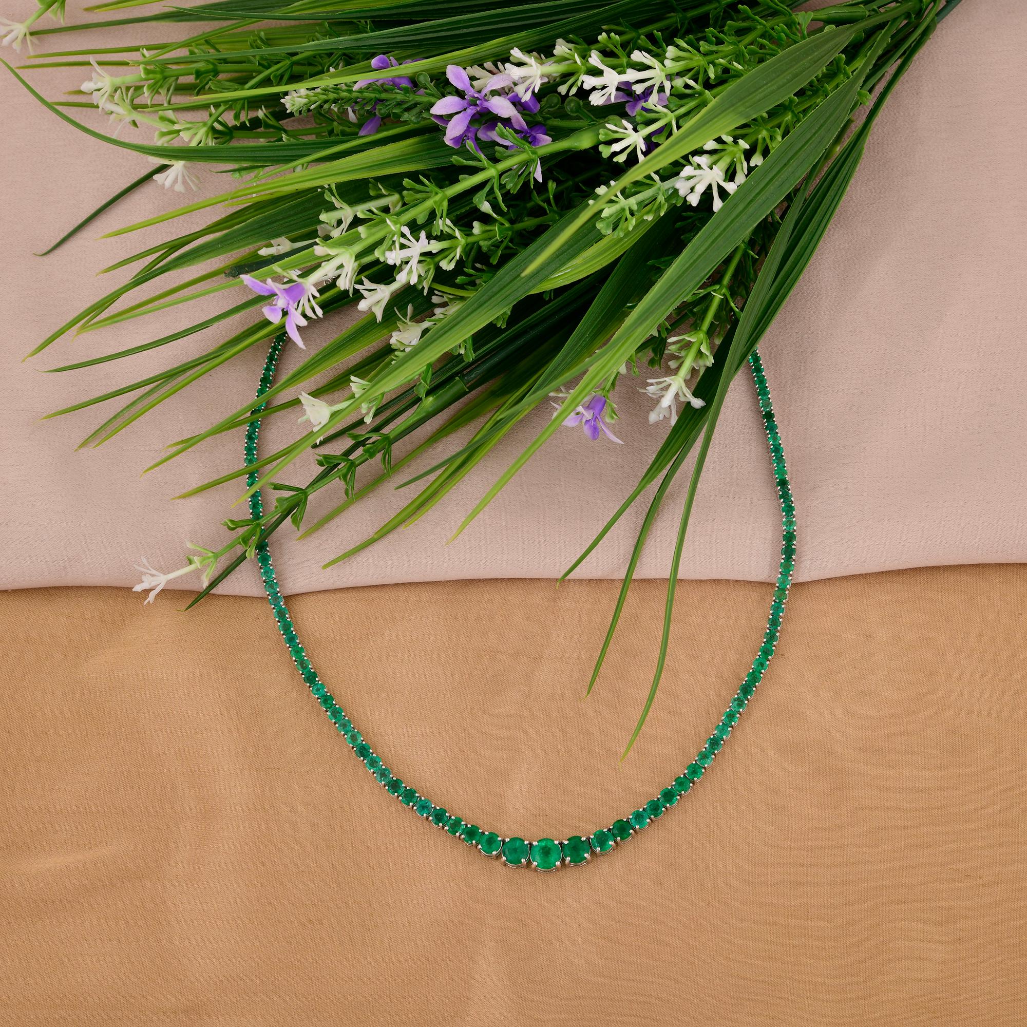 Modern Graduated Zambian Emerald Gemstone Necklace 14 Karat White Gold Handmade Jewelry For Sale