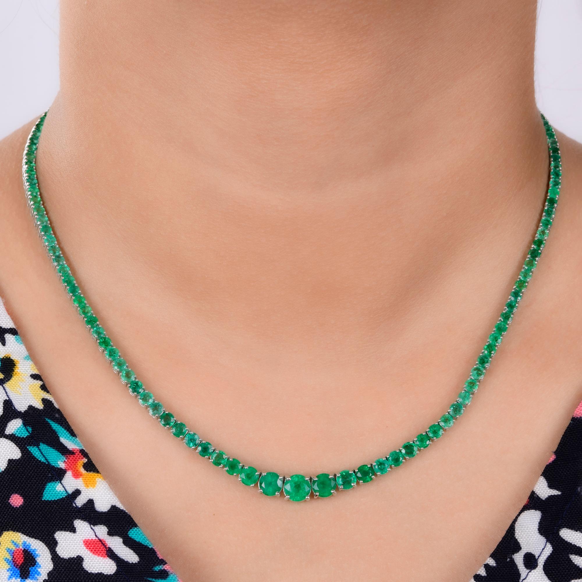 Round Cut Graduated Zambian Emerald Gemstone Necklace 14 Karat White Gold Handmade Jewelry For Sale