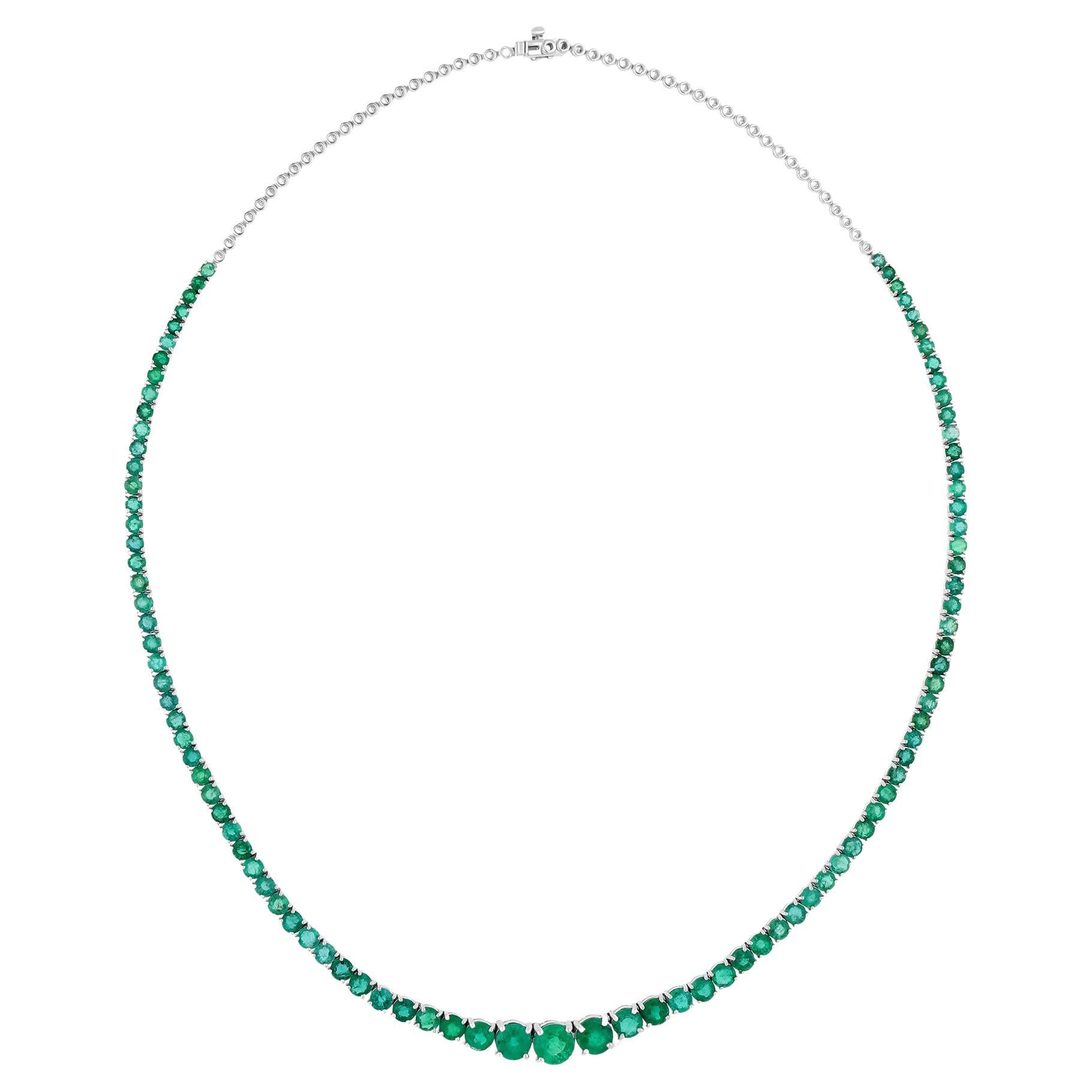 Graduated Zambian Emerald Gemstone Necklace 14 Karat White Gold Handmade Jewelry For Sale