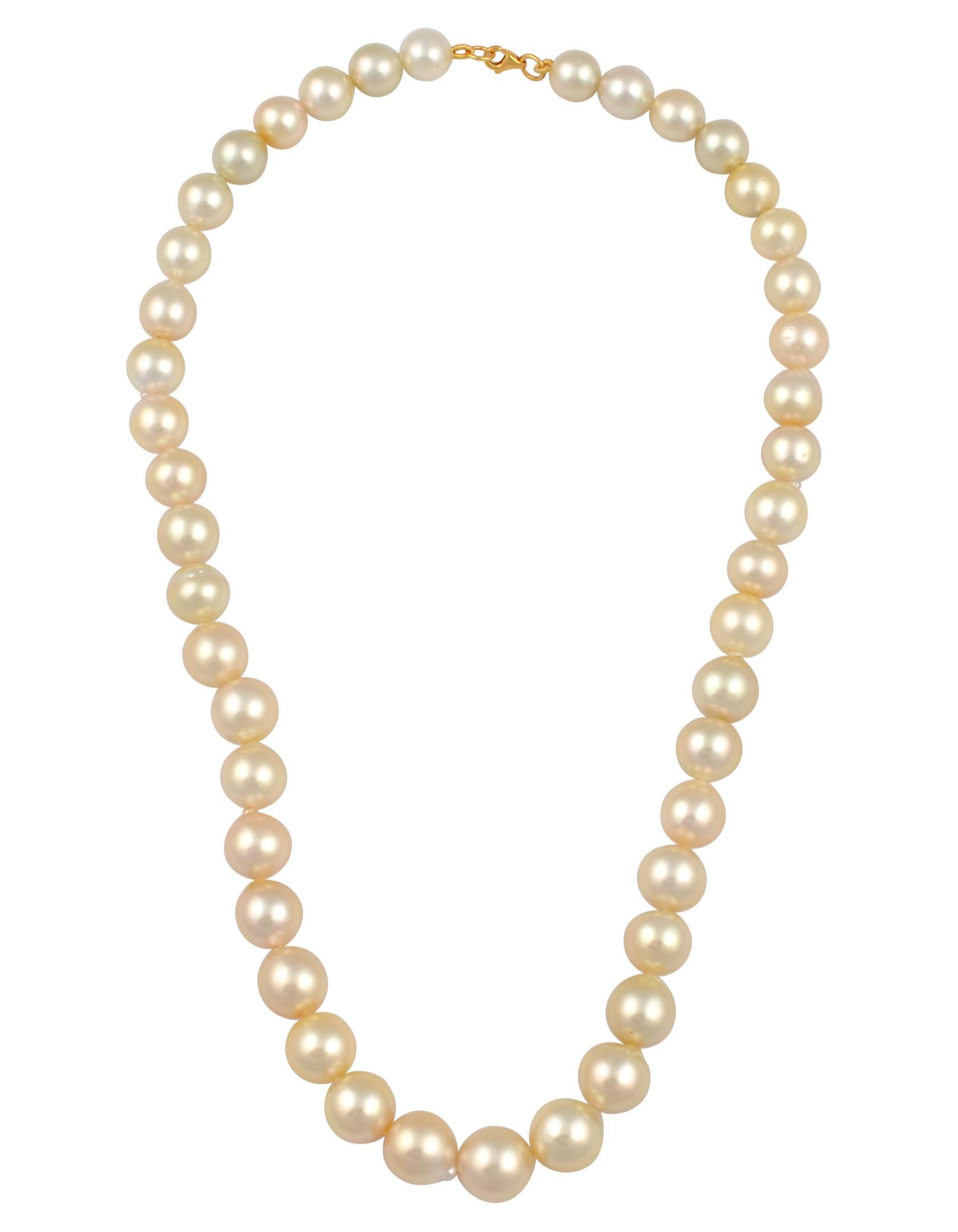 Women's Graduating Cream Color South Sea Pearls Necklace 14 Karat Yellow Gold Clasp For Sale