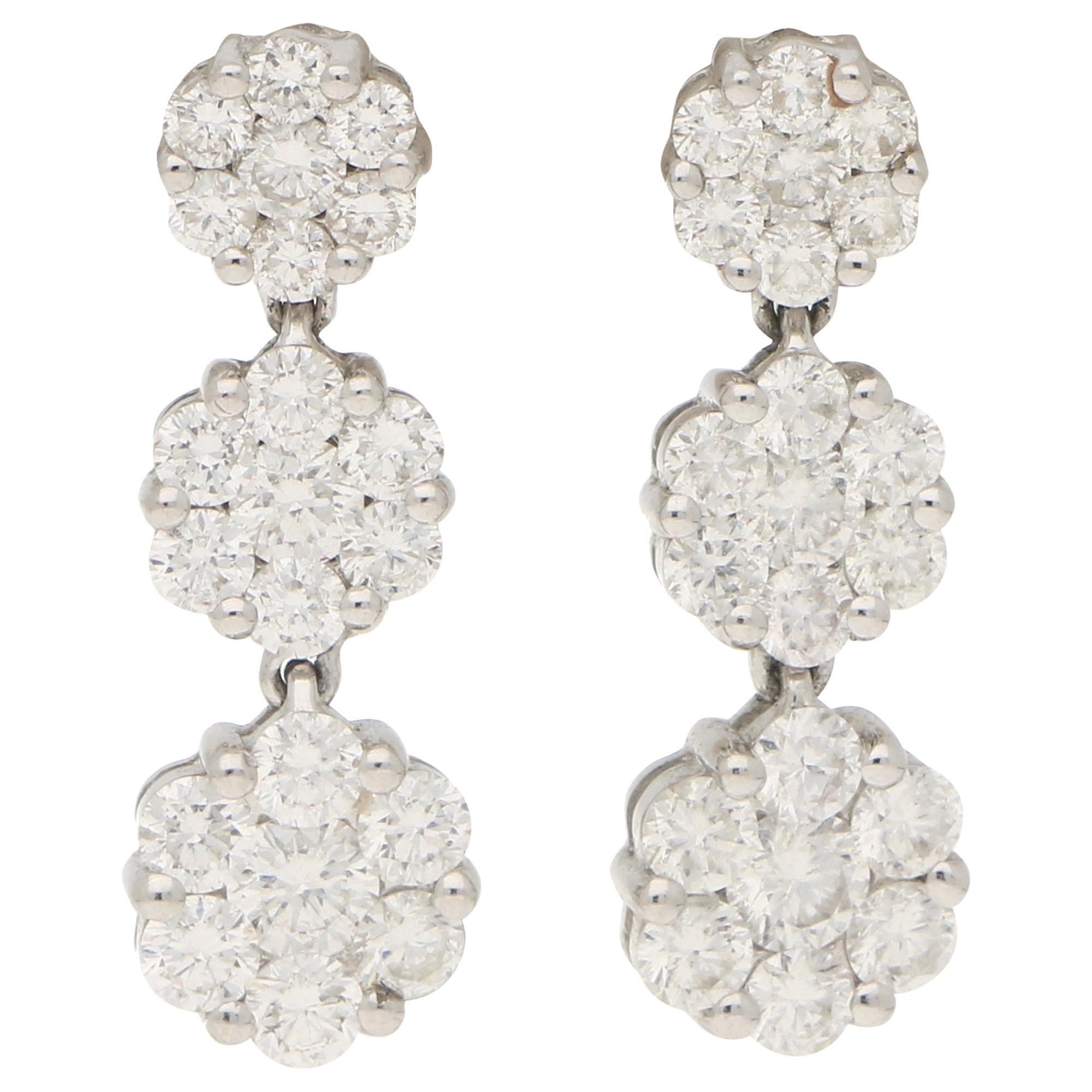 Graduating Diamond Triple Cluster Drop Earrings in 18 Karat White Gold