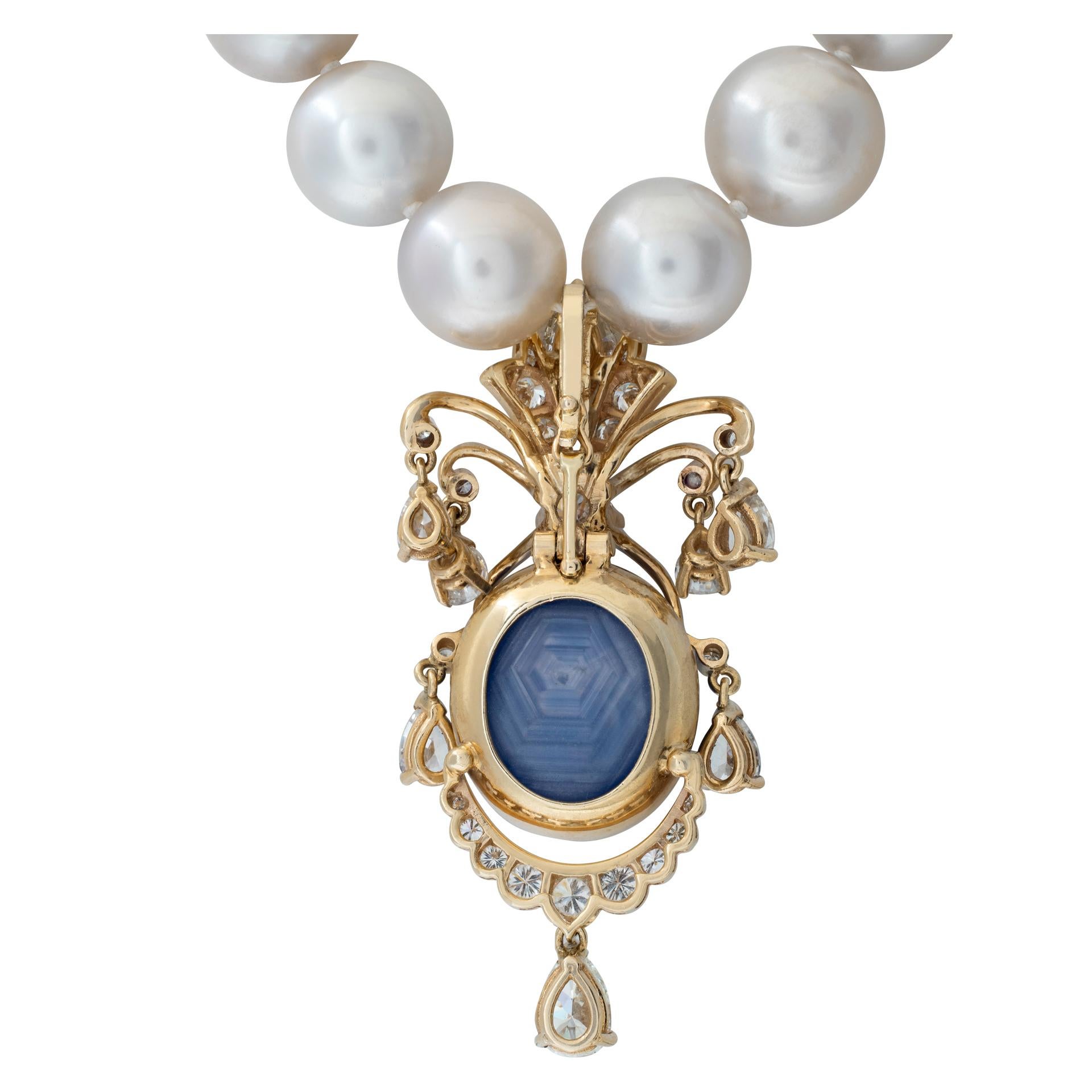 Round Cut Graduating South Sea Pearl Necklace with Cabochon Star Sapphire & Diamonds 