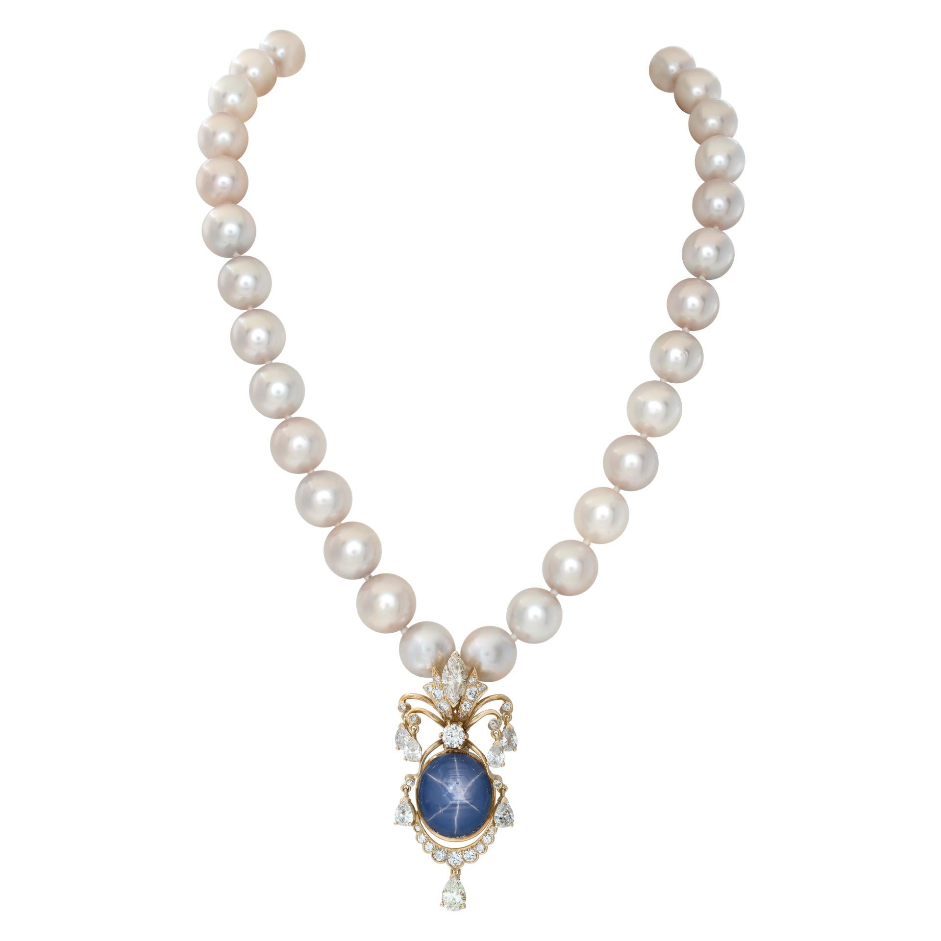 Women's Graduating South Sea Pearl Necklace with Cabochon Star Sapphire & Diamonds 