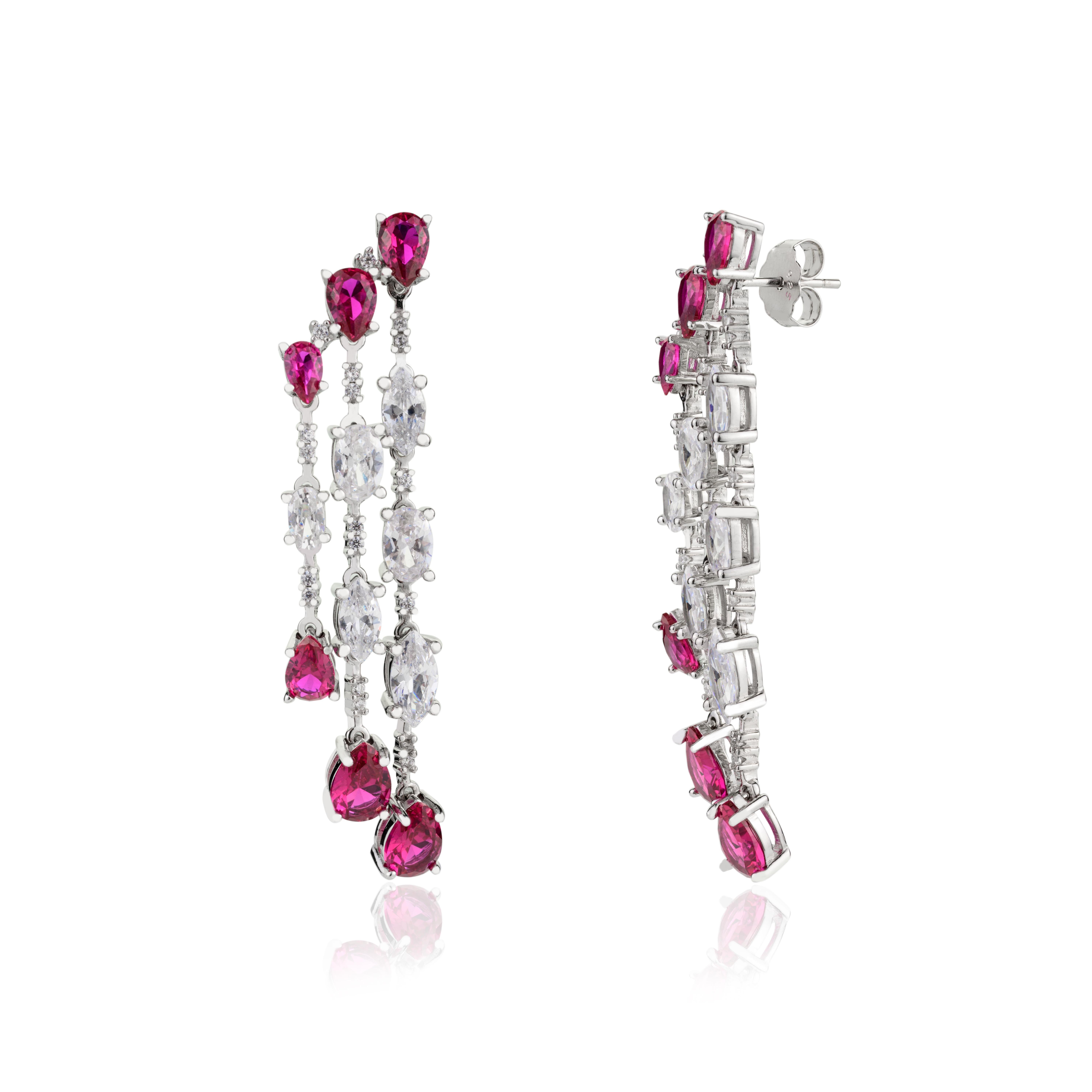 Modern Graduation Pink Zircon Partywear Fashion Dangle Earrings in 925 Sterling Silver For Sale