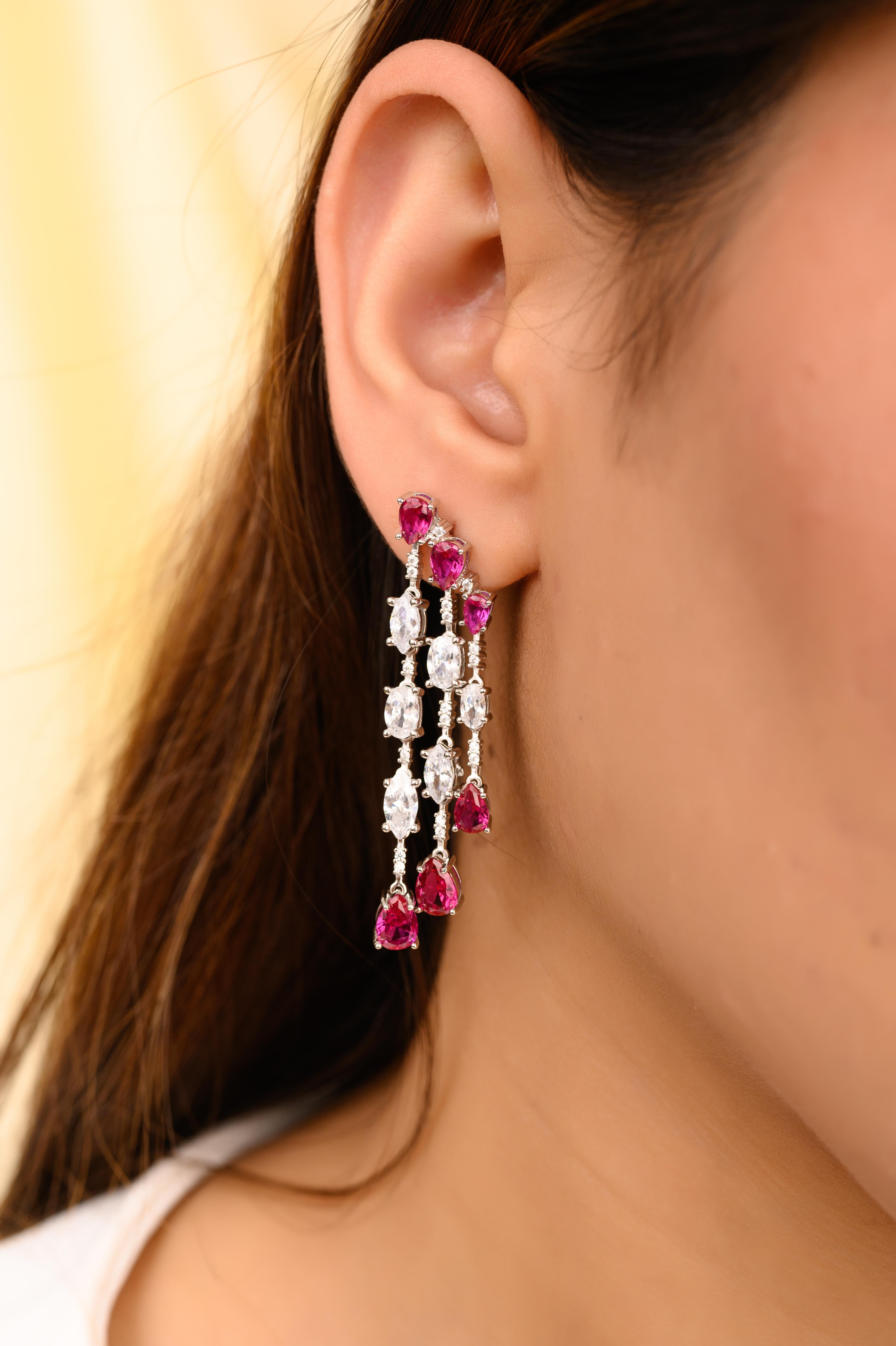Mixed Cut Graduation Pink Zircon Partywear Fashion Dangle Earrings in 925 Sterling Silver For Sale