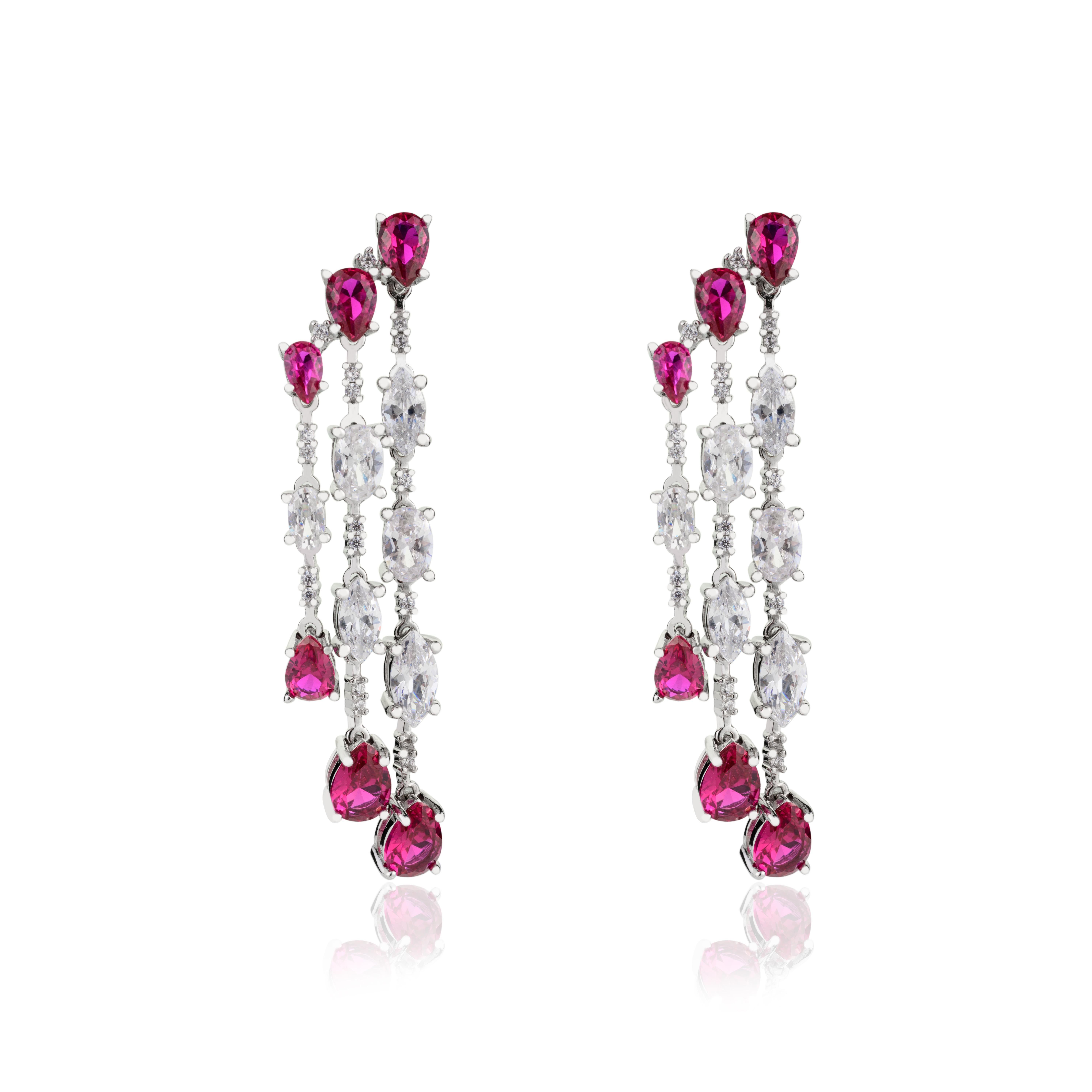 Graduation Pink Zircon Partywear Fashion Dangle Earrings in 925 Sterling Silver In New Condition For Sale In New York, NY