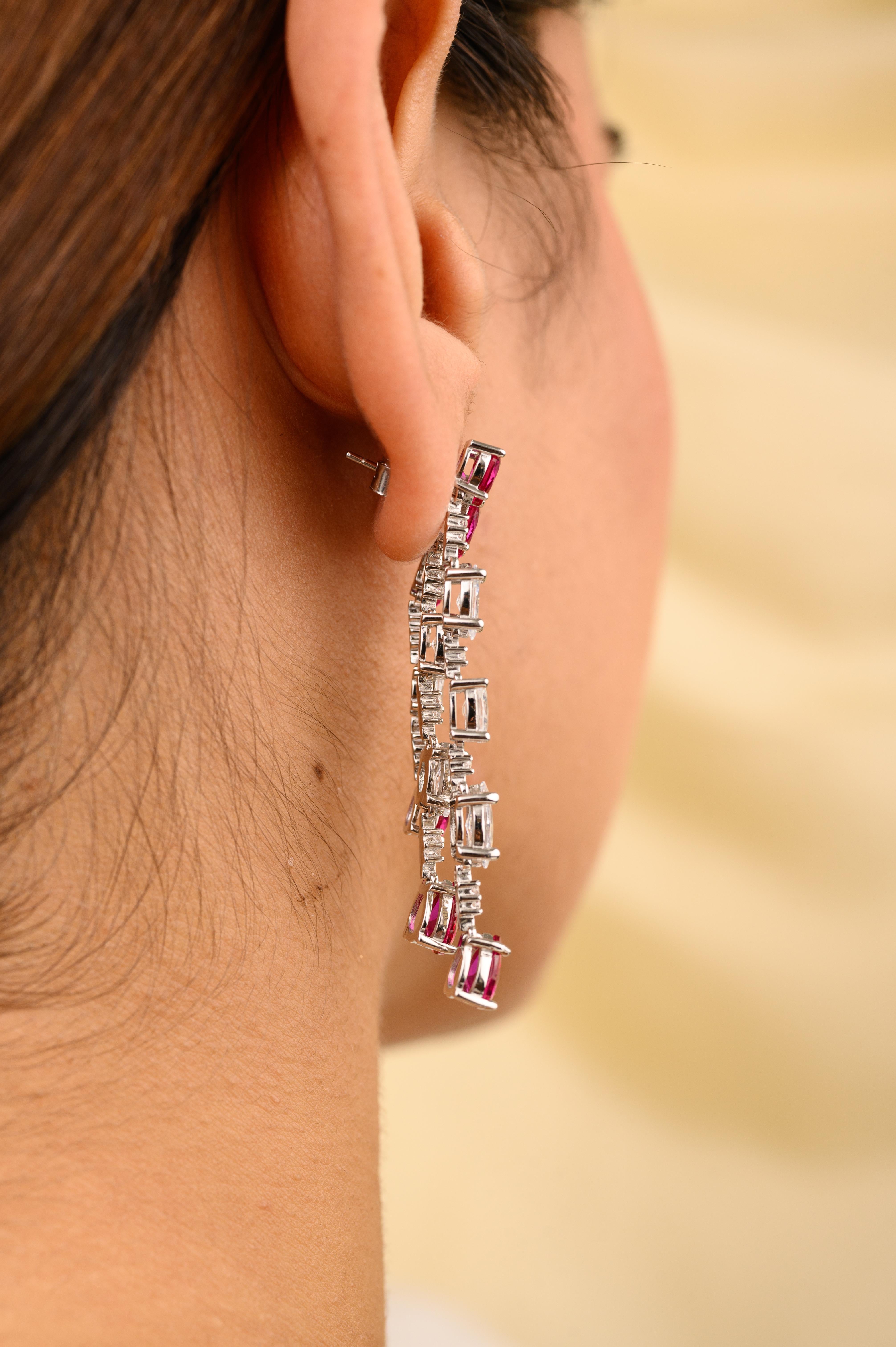Women's Graduation Pink Zircon Partywear Fashion Dangle Earrings in 925 Sterling Silver For Sale