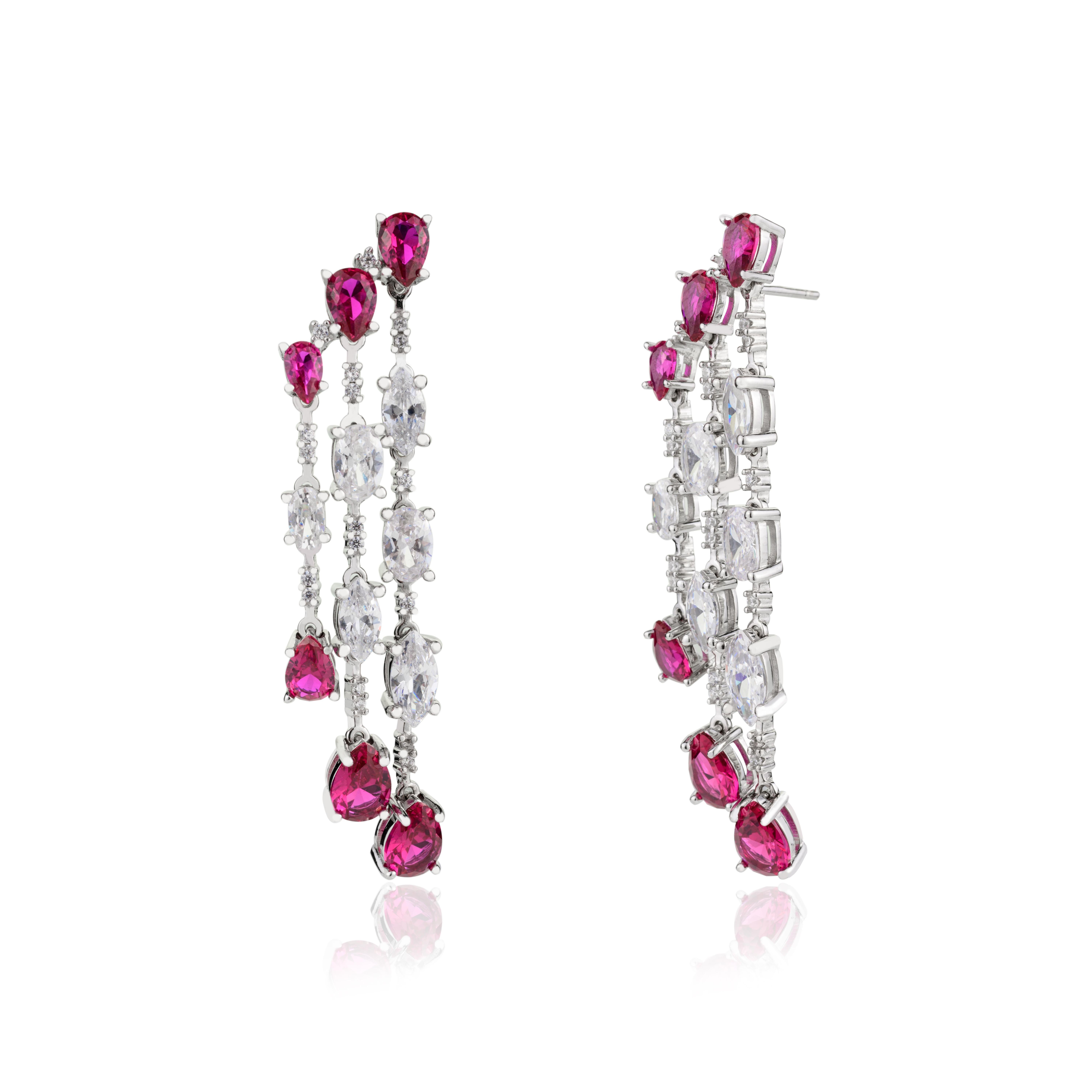 Graduation Pink Zircon Partywear Fashion Dangle Earrings in 925 Sterling Silver For Sale 1