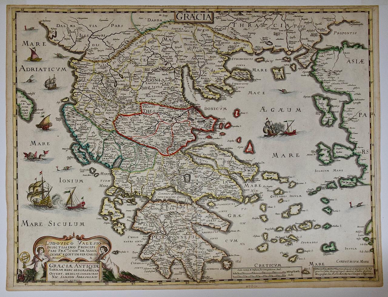 This is an original 17th century hand colored copperplate engraved map of Greece entitled 