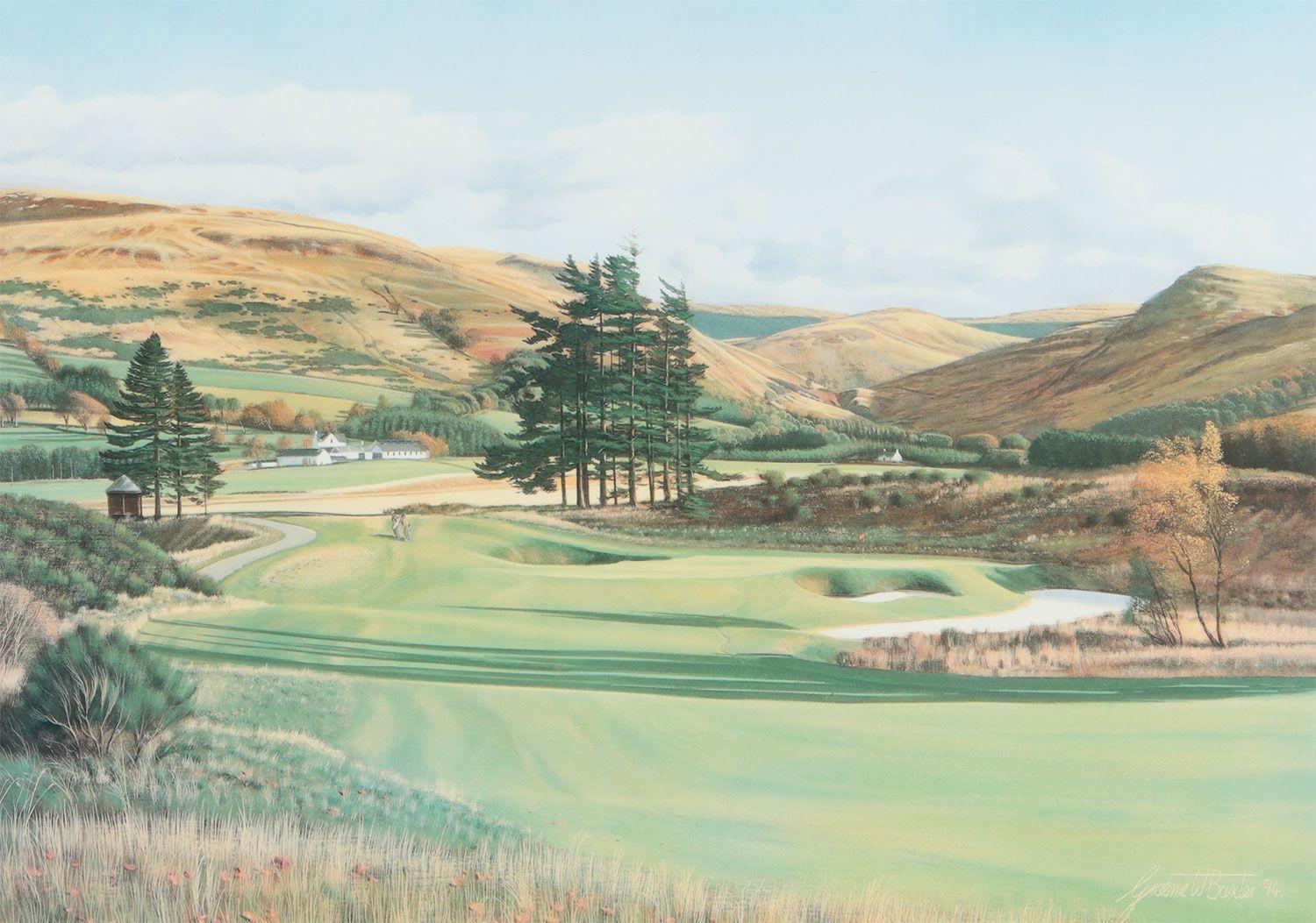 Coloured Print of Photorealist Painting of Gleneagles Golf Course in Scotland by 20th Century Scottish Artist, Graeme Baxter, entitled 'The Gleneagles Hotel, Monarch's Course'. 

Art measures 14 x 10 inches 
Frame measures 19 x 15 inches 

Coloured